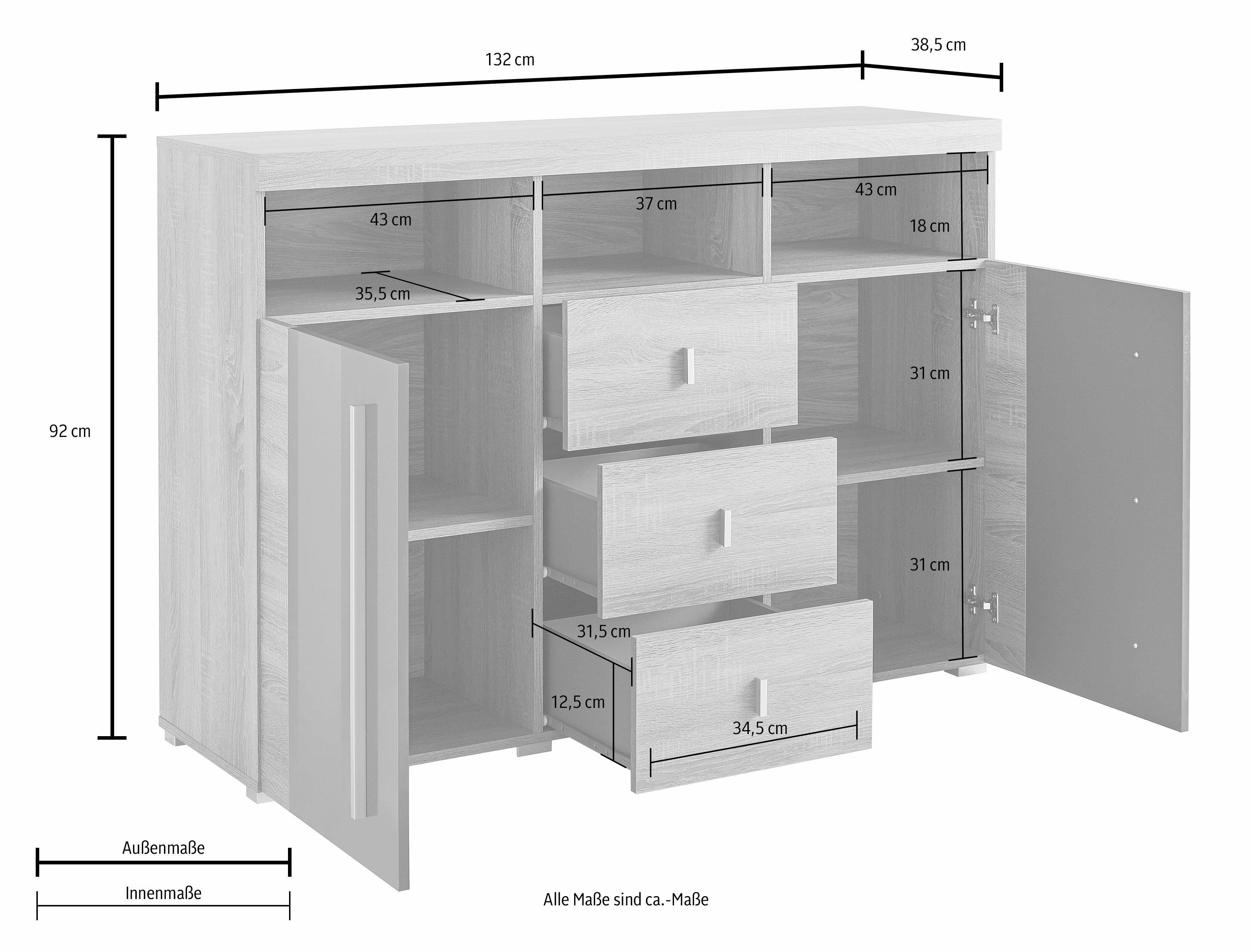 INOSIGN Dressoir Roger, breedte 132cm, stijlvolle kast, 2 houten deuren 3 laden