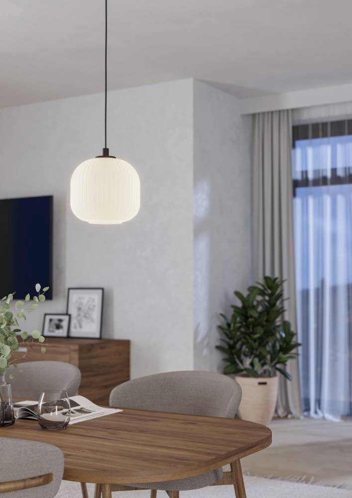 EGLO Hanglamp MANTUNALLE Hanglamp, metaal in zwart en glas in wit, E27 fitting, Ø 20 cm (1 stuk)