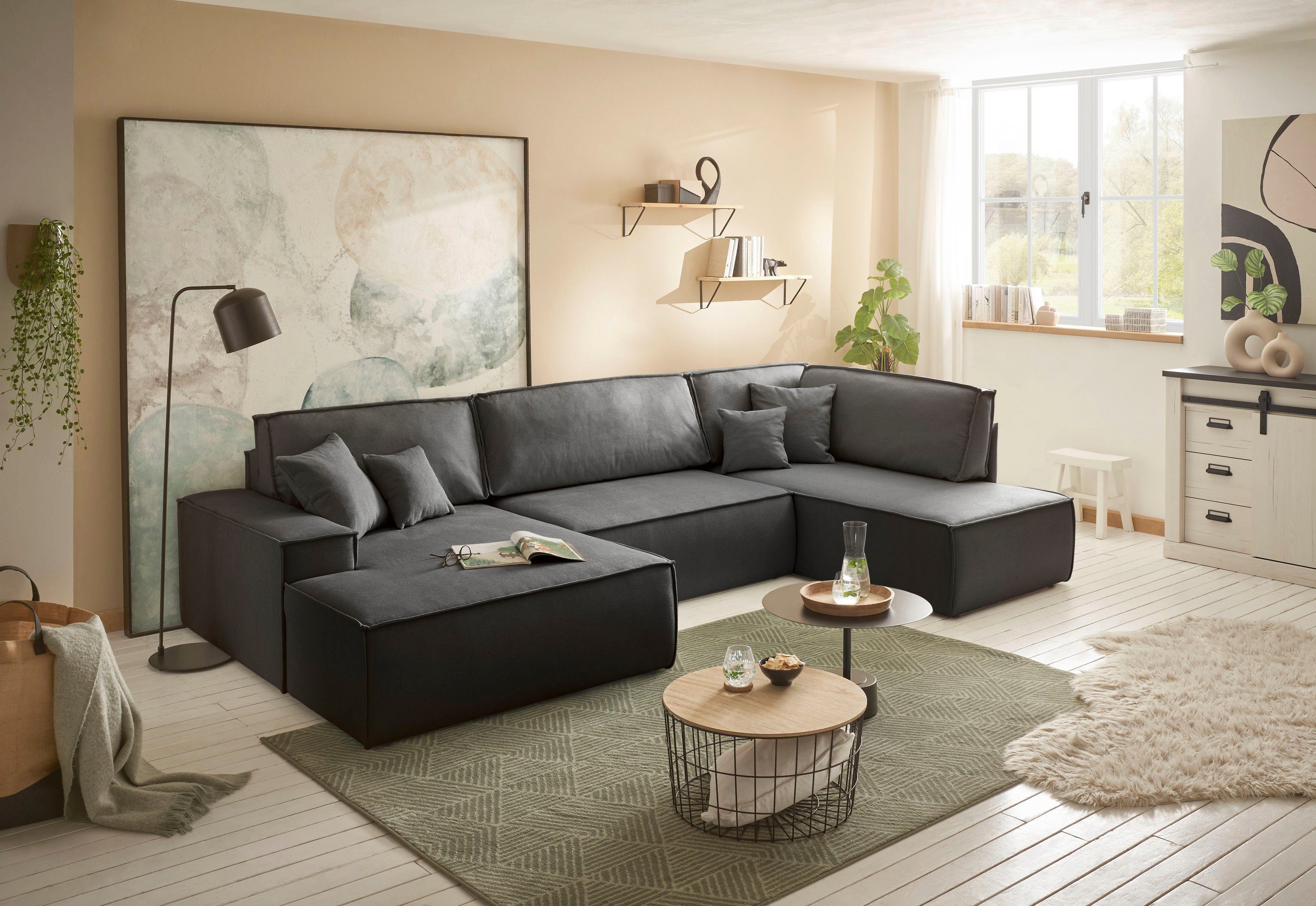 andas Zithoek FINNLEY U-model XXL 329 cm, bedbank, slaapfunctie m. bedkist