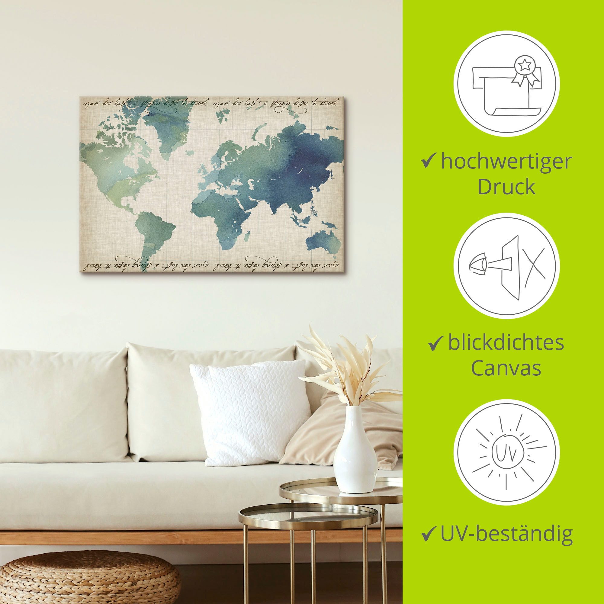 Artland Artprint op linnen Waterverf wereldkaart gespannen op een spieraam