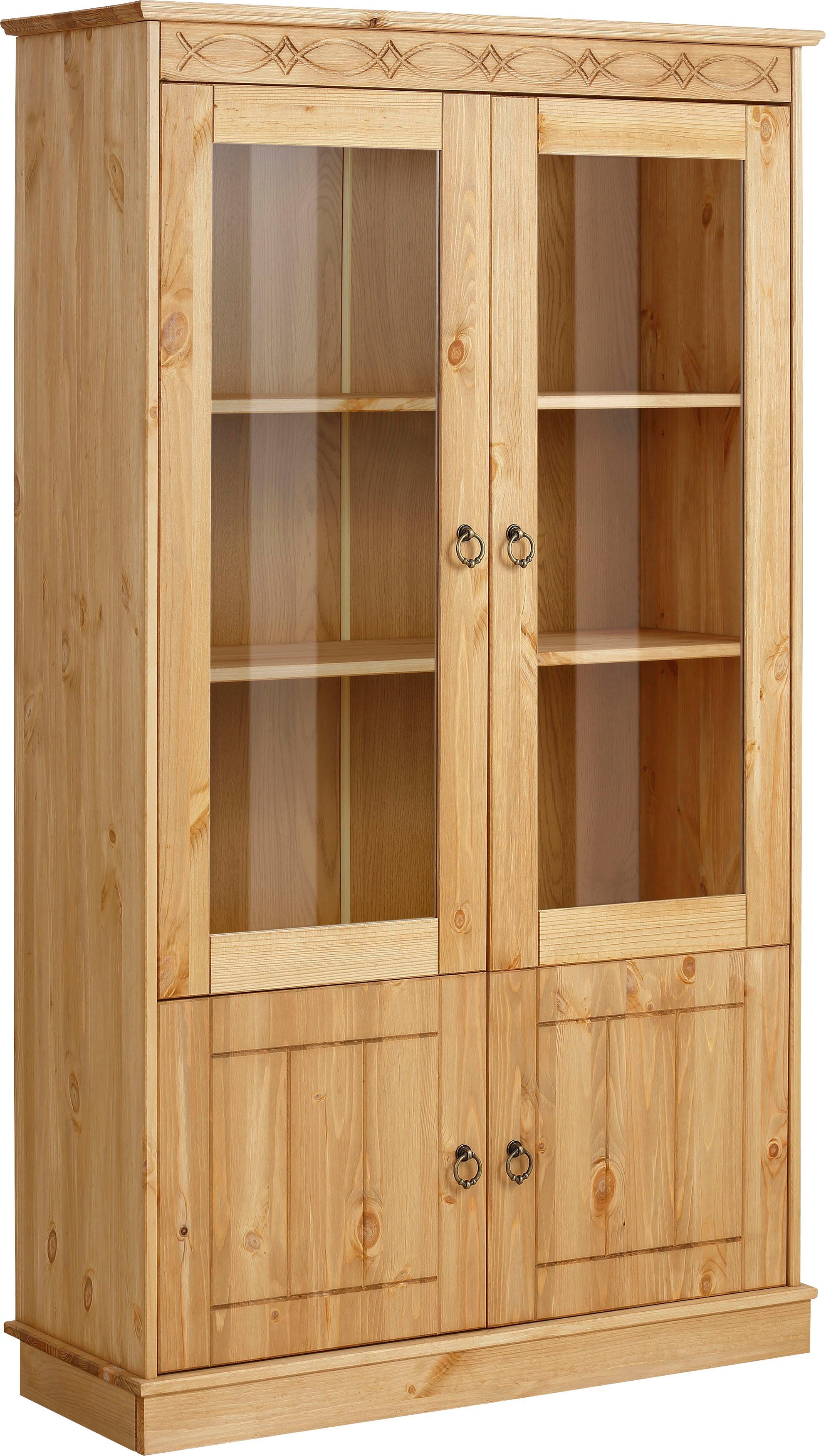 Home affaire Vitrinekast Indra van massief dennenhout, fsc®, hoogte 145 cm, discreet ornament