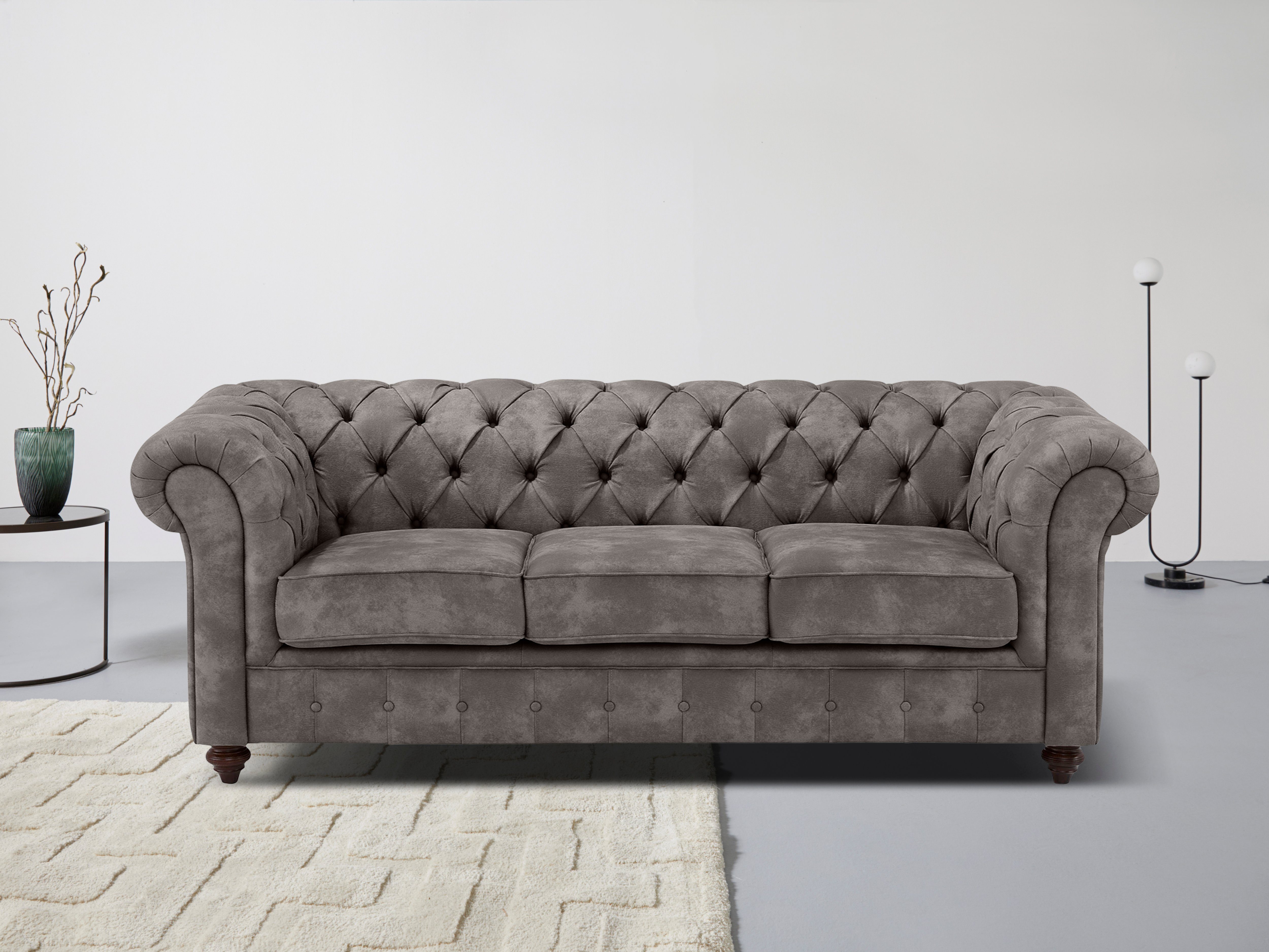 Home affaire Chesterfield-bank Chesterfield 3-zits B/D/H: 198/89/74 cm met hoogwaardige knoopdetails, ook in leer bruin, chesterfield banken