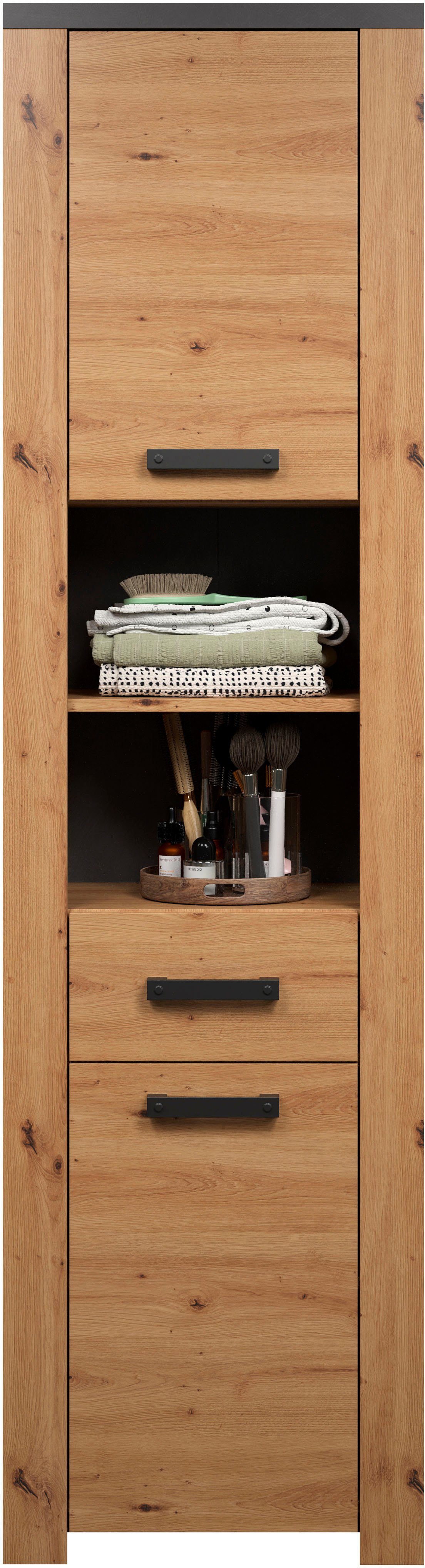 Home affaire Hoge kast Ambres Badkamerkast in matte echt houtlook - afmetingen (B/D/H) 53/35/196 cm (1 stuk)