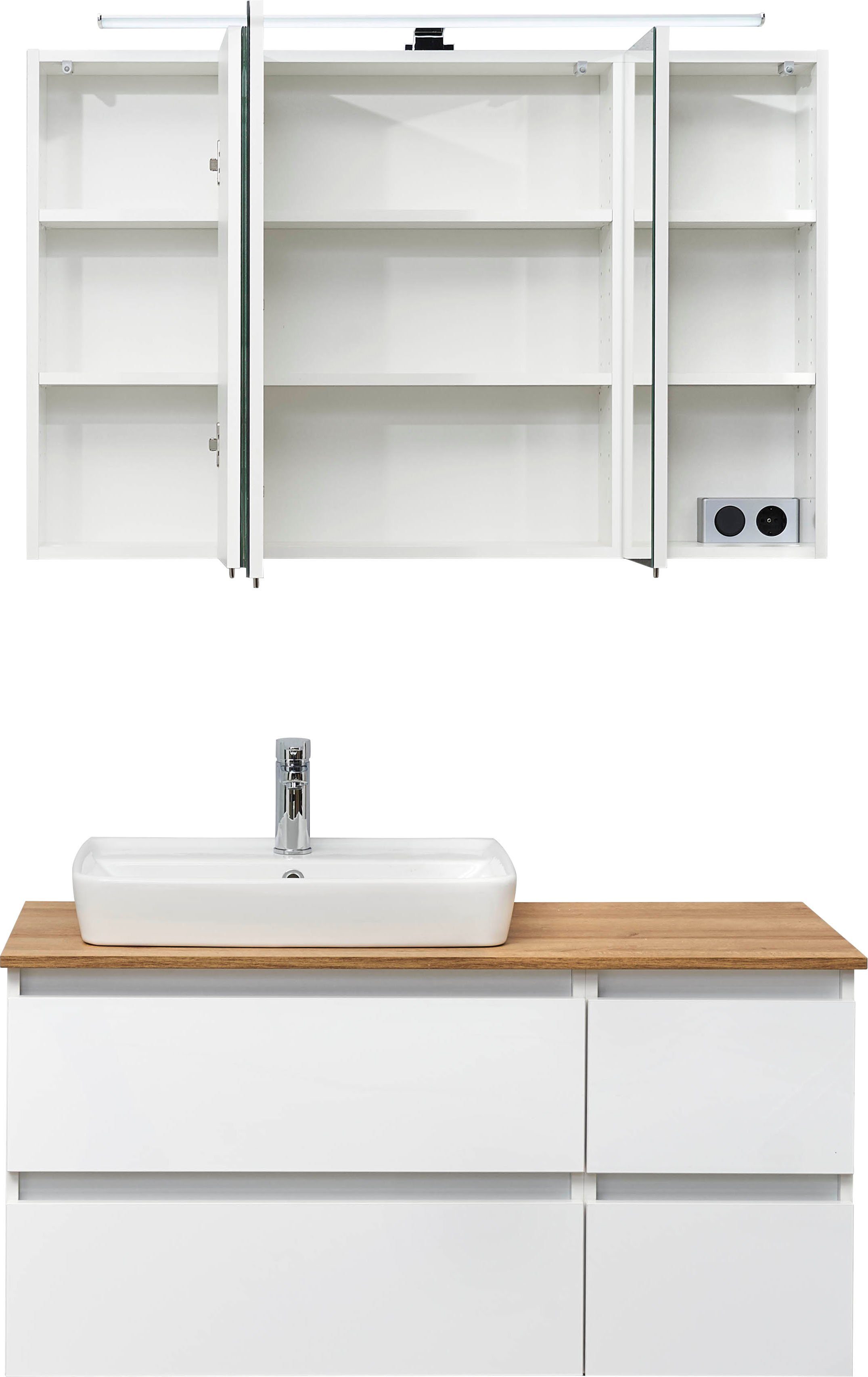 Saphir Badkamerserie Quickset 360 2-delig, keramische opzetwasbak met LED-spiegelkast (2-delig)