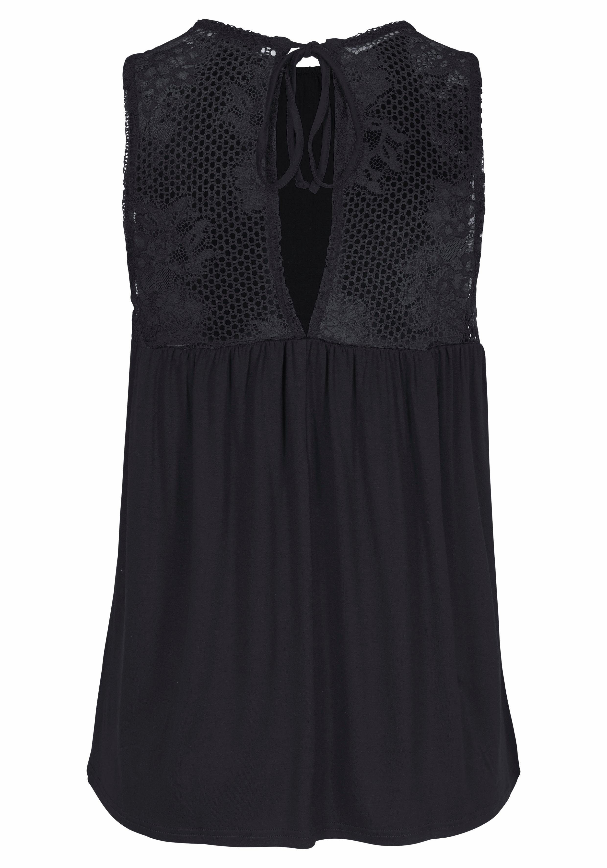 Lascana Strandtop met kantinzetten, dames-top met strikband, kanttop