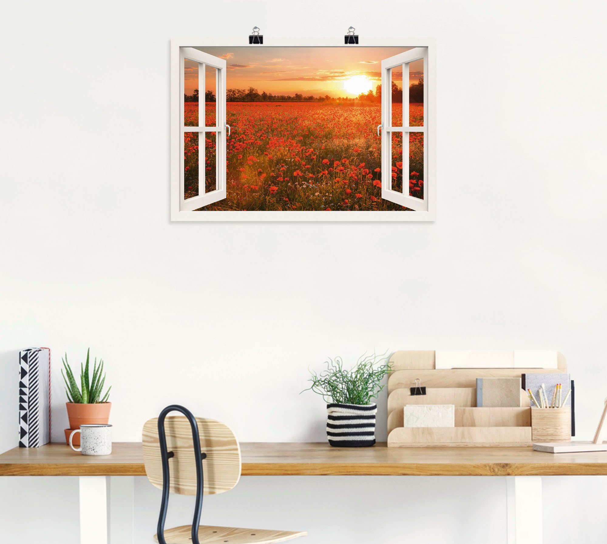 Artland Artprint Blik uit het venster klaprozenveld als artprint op linnen, poster, muursticker in verschillende maten
