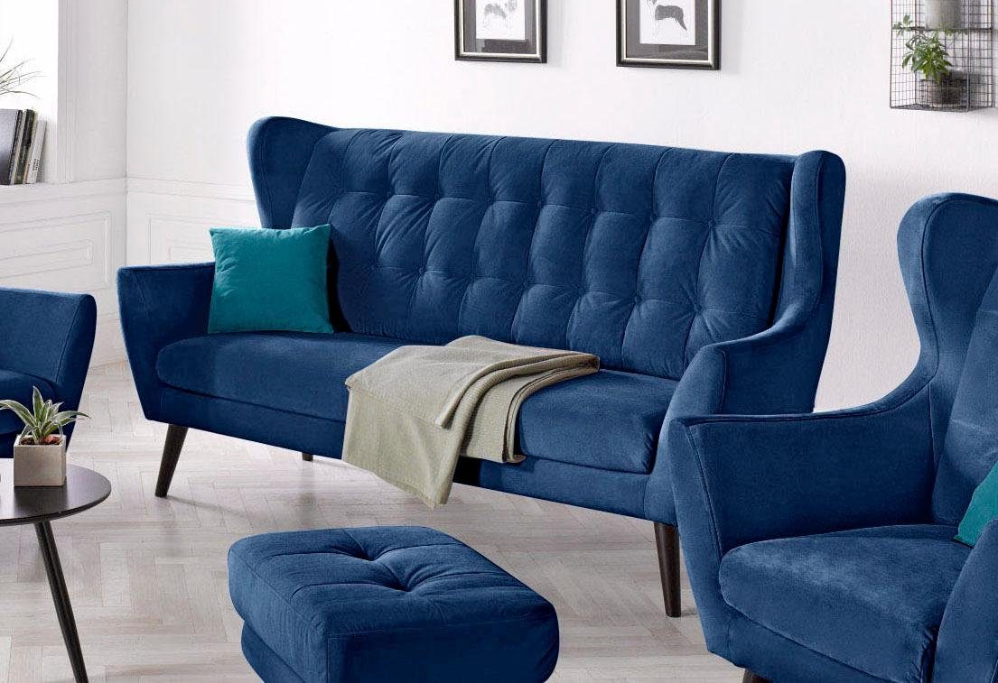 andas 3-zitsbank Hemmink met knoopstiksels blauw, 3-zitsbanken