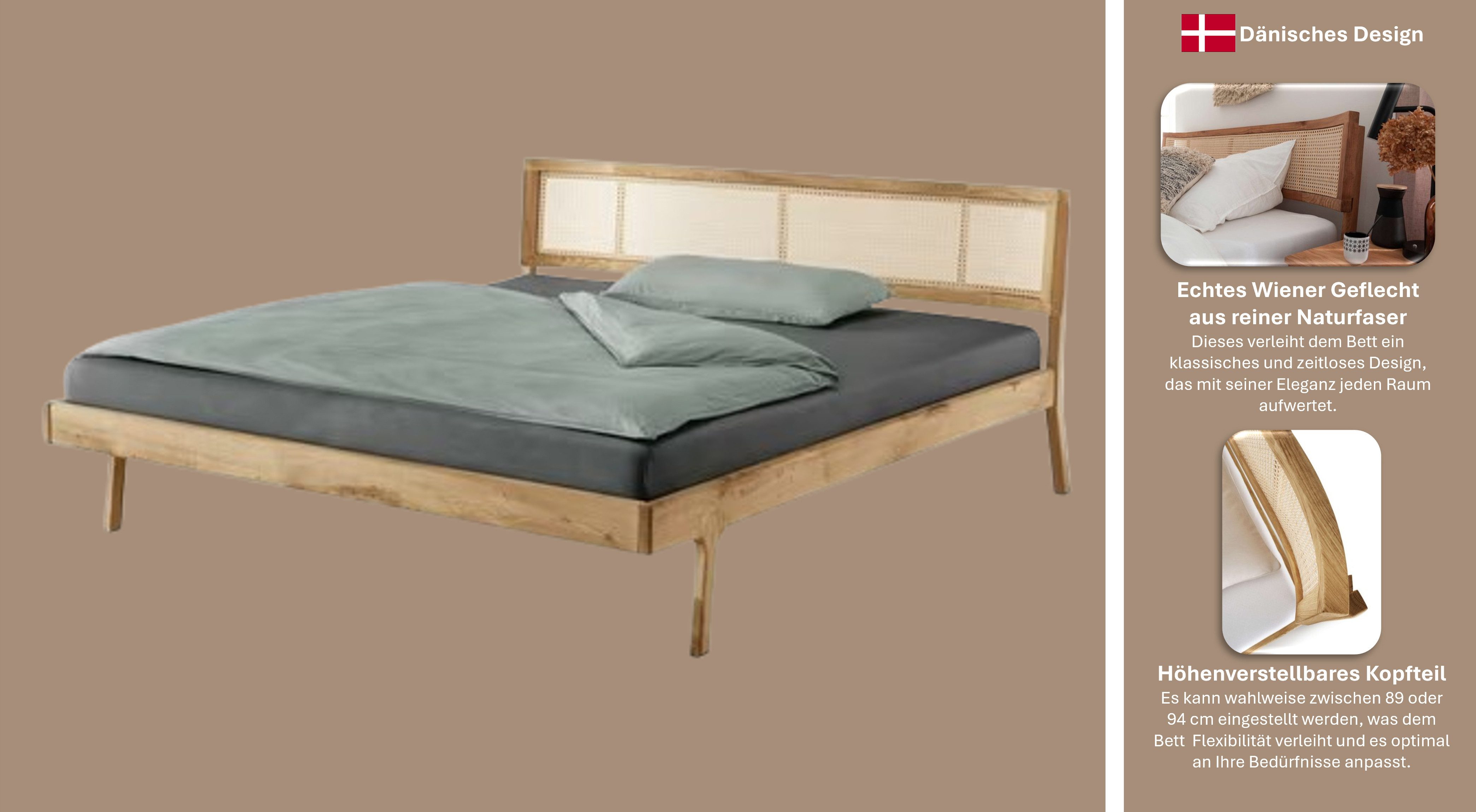 andas Bed Hällevik tweepersoonsbed, massief houten bed, OTTOs Choice, gezellige stijl massief fsc®-gecertificeerd eikenhout geolied, hoofdeinde met weens vlechtwerk