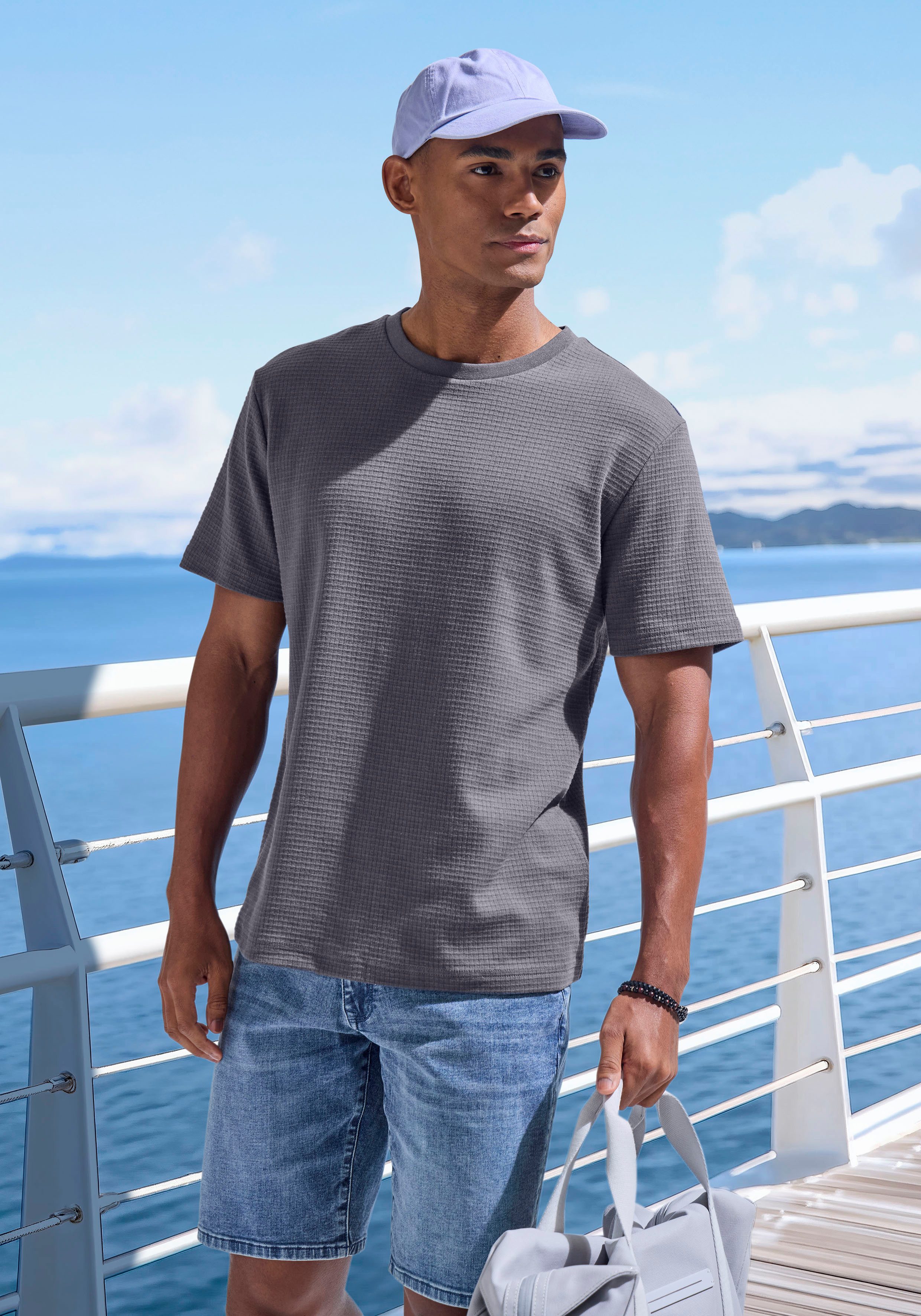 John Devin T-shirt Met structuur Rondhalsshirt met structuur van katoenmix