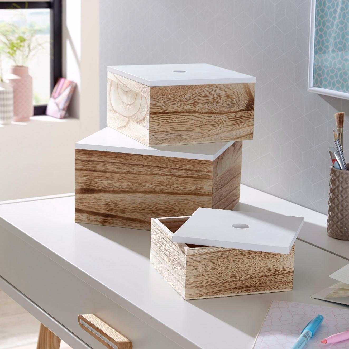 Zeller Present Opbergbox set van 3, hout, wit / naturel