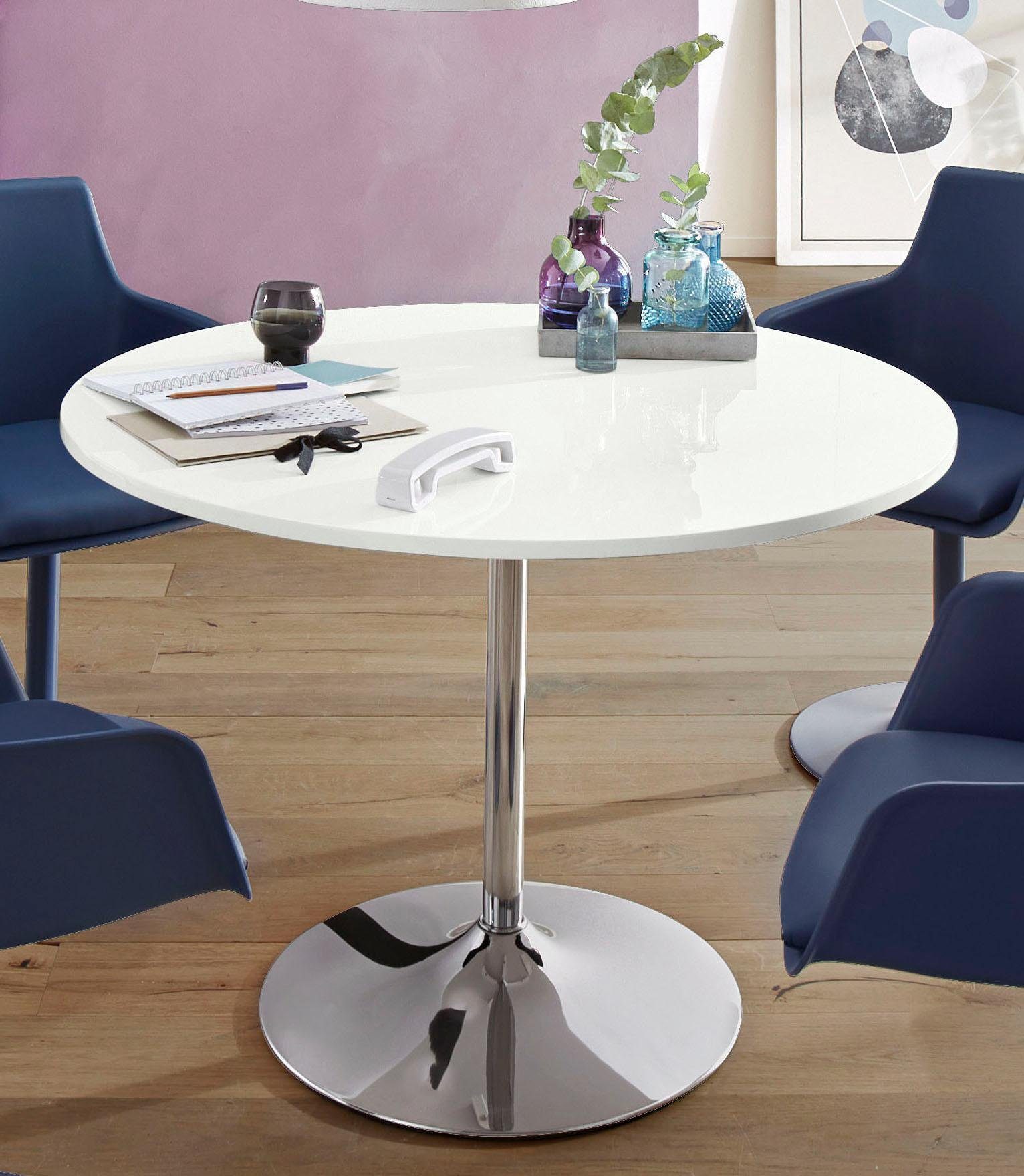 INOSIGN Eettafel Trompet rond, ø110 cm, tafelblad wit hoogglans, trompetvoet, tulpentafel