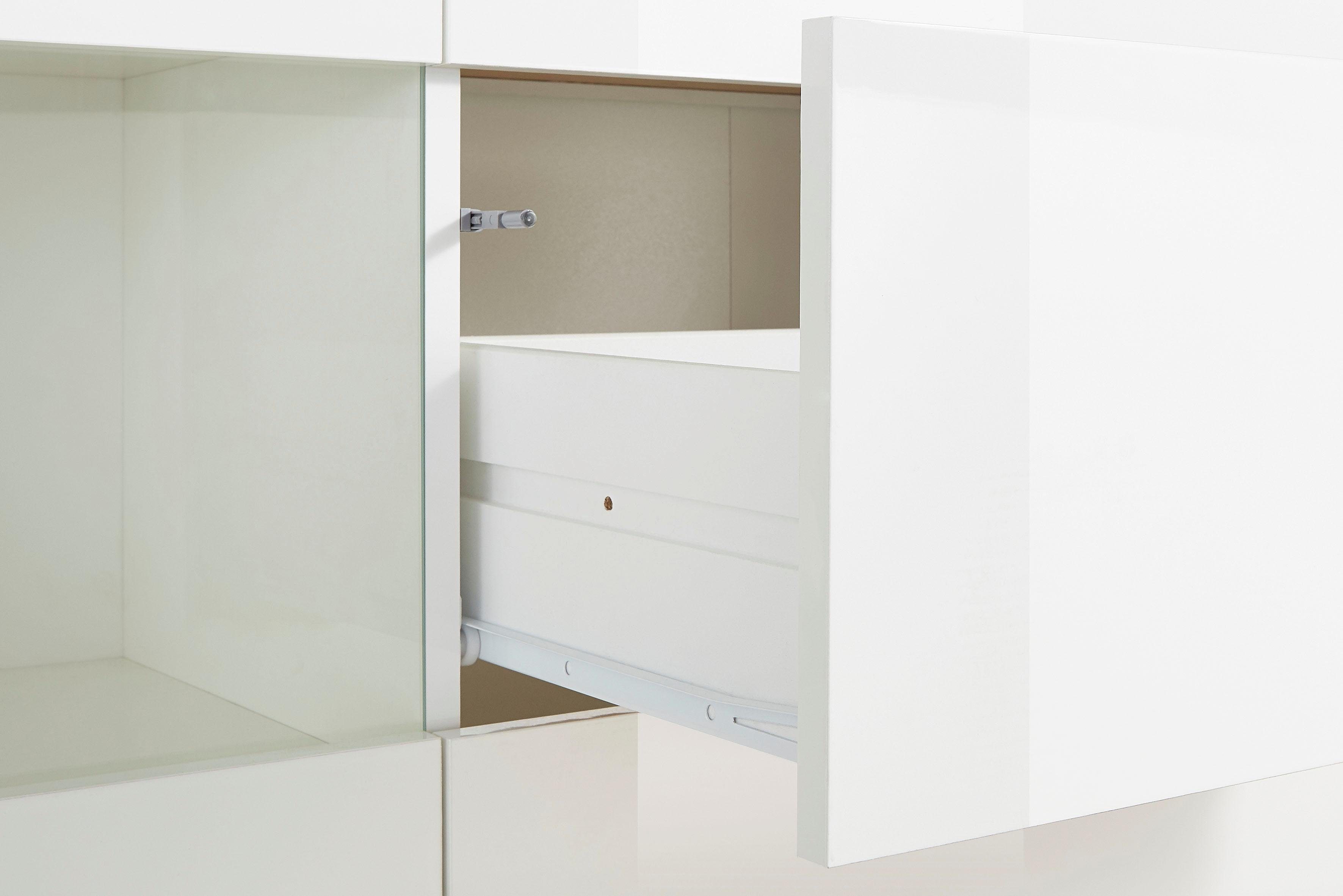 INOSIGN Dressoir Real, vitrinekast, commode, kast, volledig hoogglans gelakt met 2 glazen deuren en 3 lades zonder handgreep, breedte 180