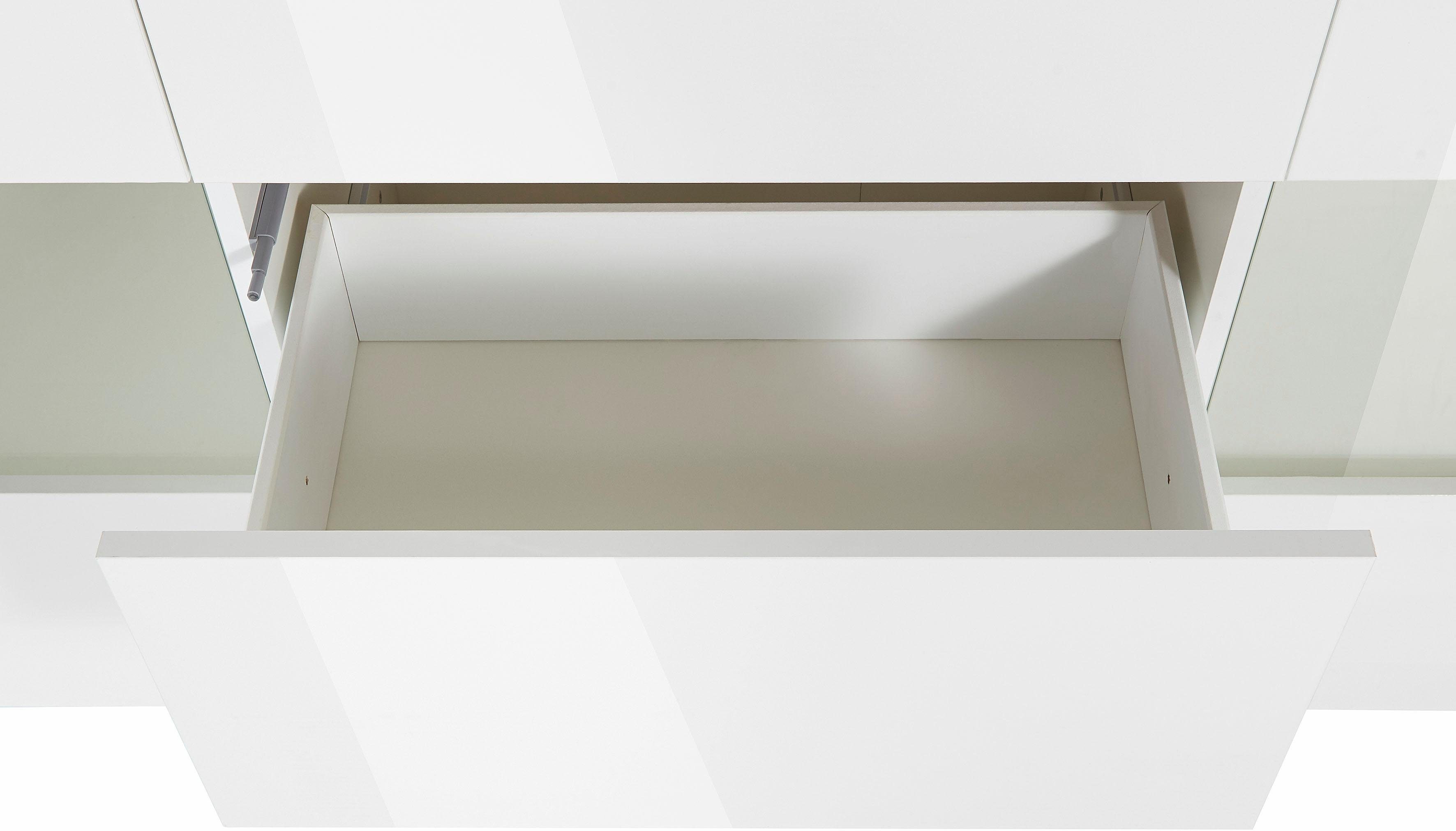 INOSIGN Dressoir Real, vitrinekast, commode, kast, volledig hoogglans gelakt met 2 glazen deuren en 3 lades zonder handgreep, breedte 180