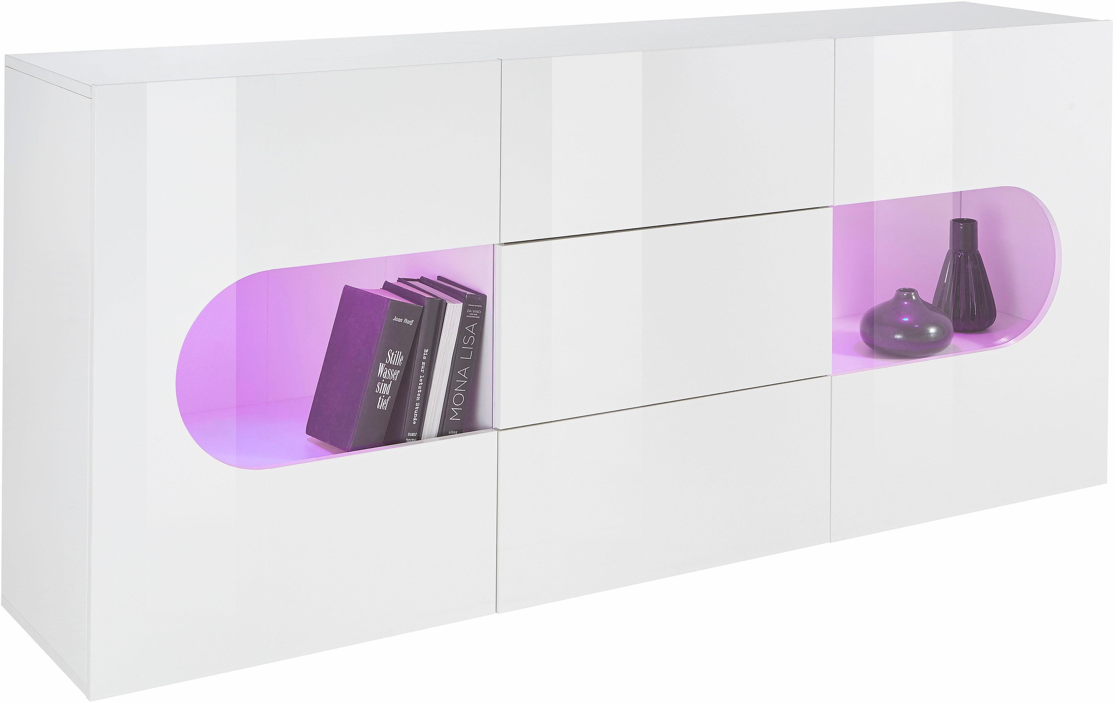 INOSIGN Dressoir Real, vitrinekast, commode, kast, volledig hoogglans gelakt met 2 glazen deuren en 3 lades zonder handgreep, breedte 180