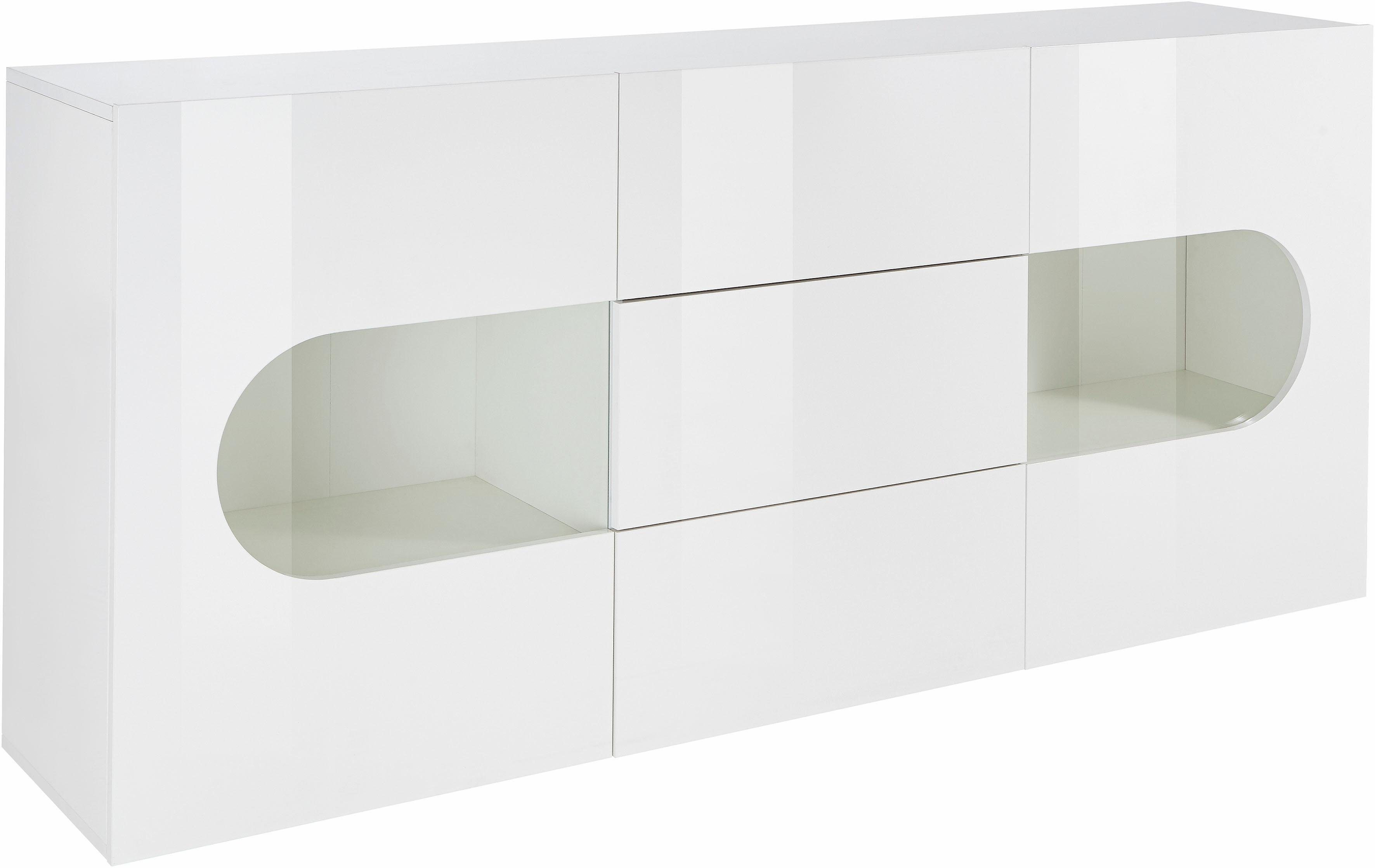 INOSIGN Dressoir Real, vitrinekast, commode, kast, volledig hoogglans gelakt met 2 glazen deuren en 3 lades zonder handgreep, breedte 180
