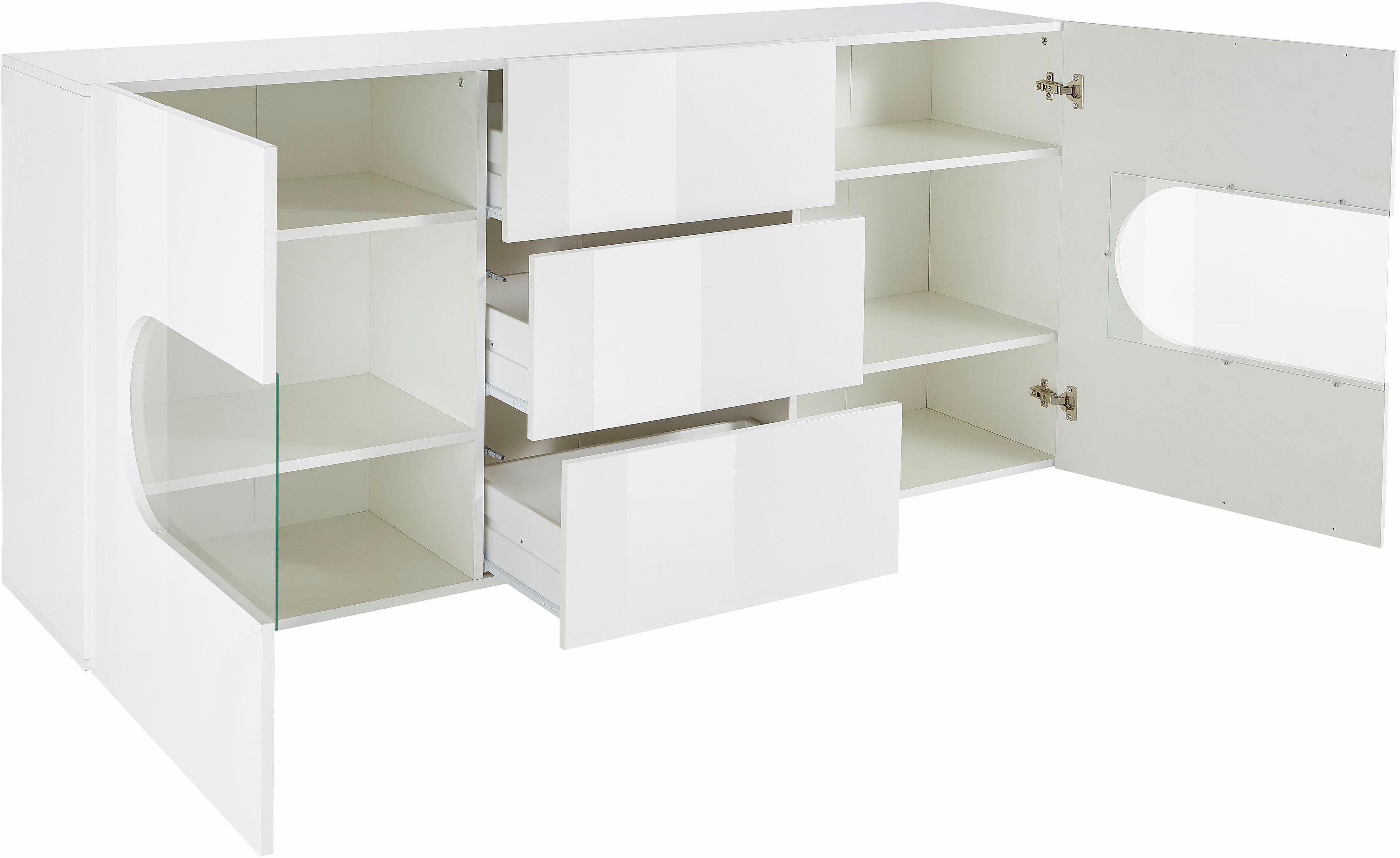 INOSIGN Dressoir Real, vitrinekast, commode, kast, volledig hoogglans gelakt met 2 glazen deuren en 3 lades zonder handgreep, breedte 180