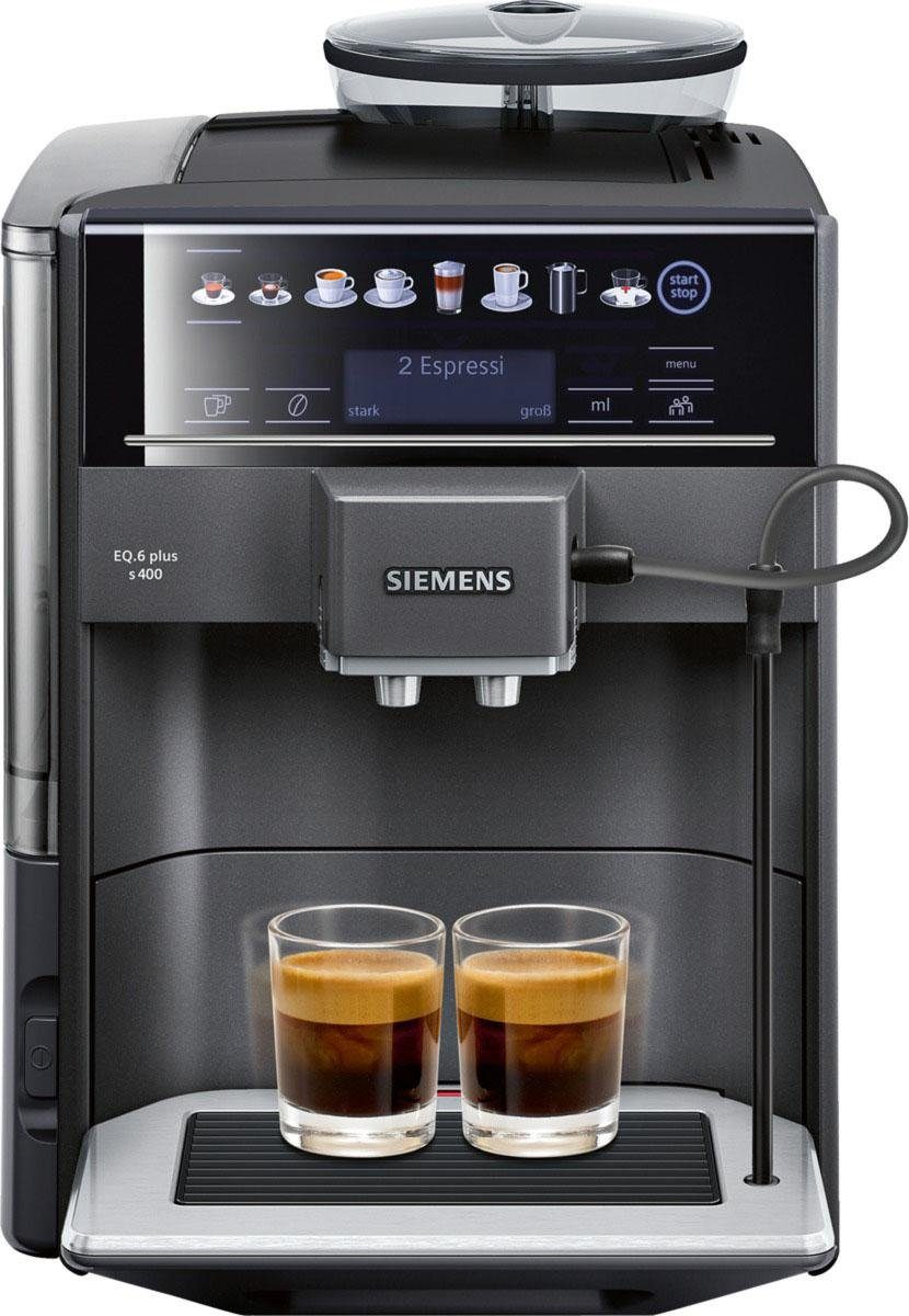 SIEMENS Volautomatisch koffiezetapparaat EQ.6 plus s400 TE654509DE, veel koffiespecialiteiten, automatische stoomreiniging, saffierzwart