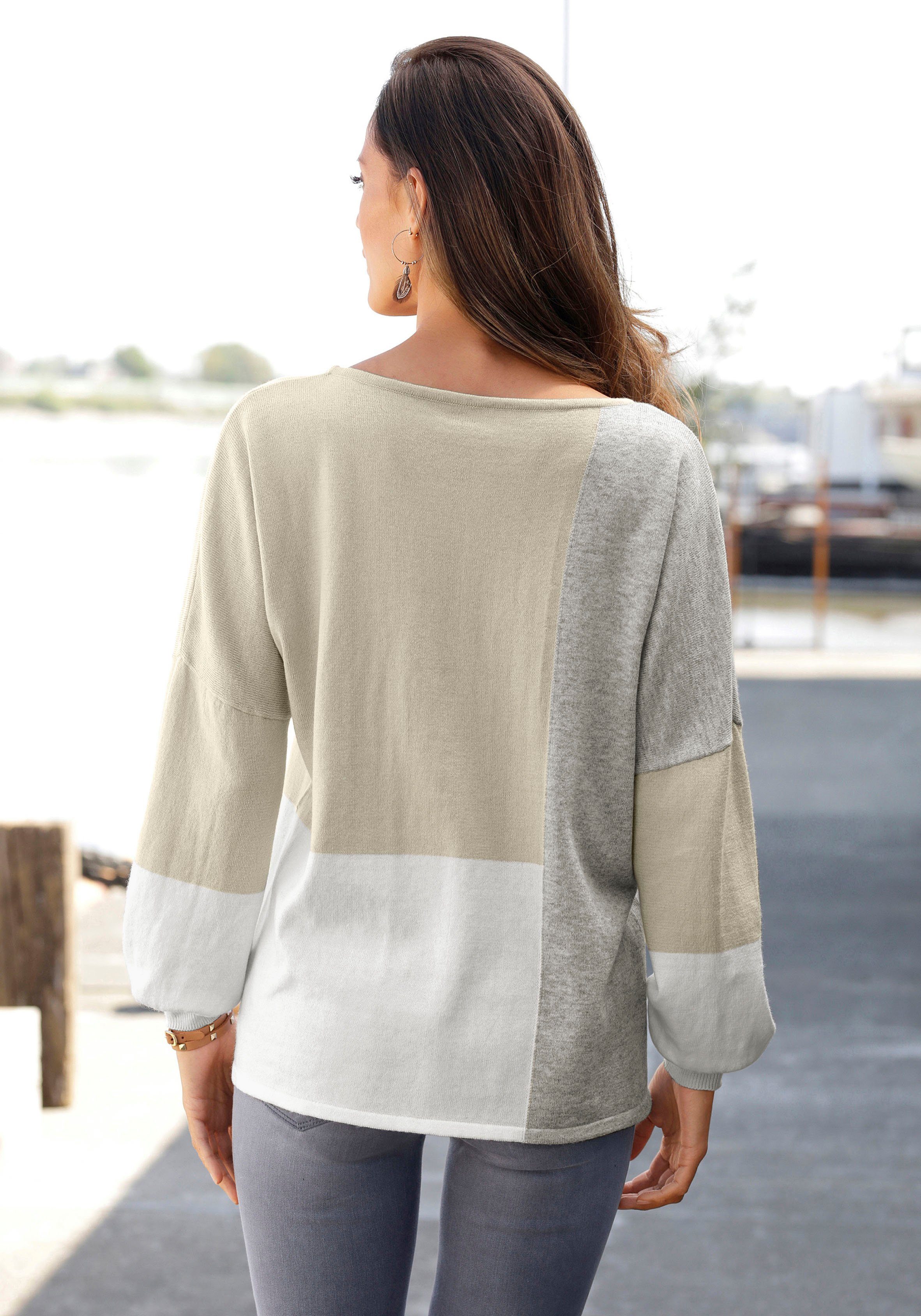 Lascana Trui met ronde hals met color blocking-look, damestrui, katoen, los en verhullend