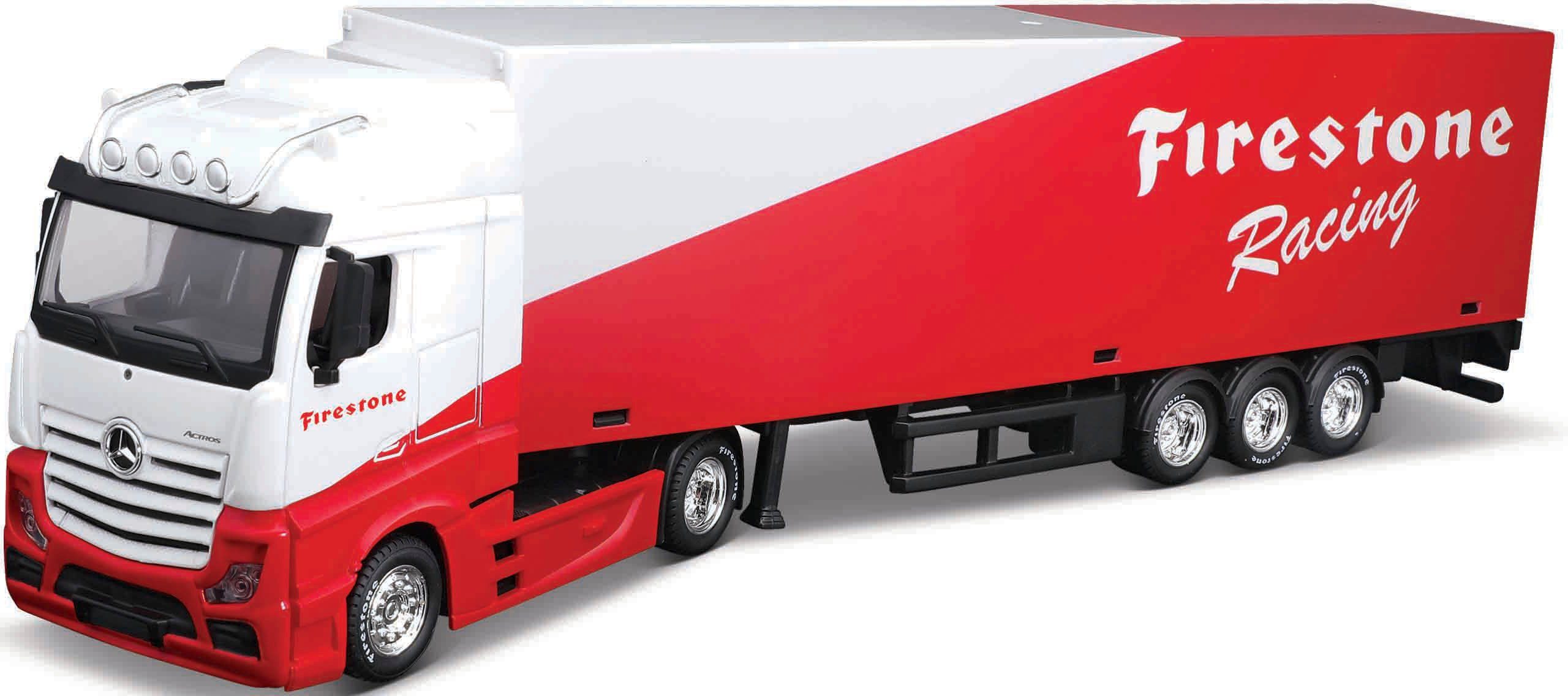 Bburago Auto op schaal Streetfire MB Actros met aanhanger Firestone