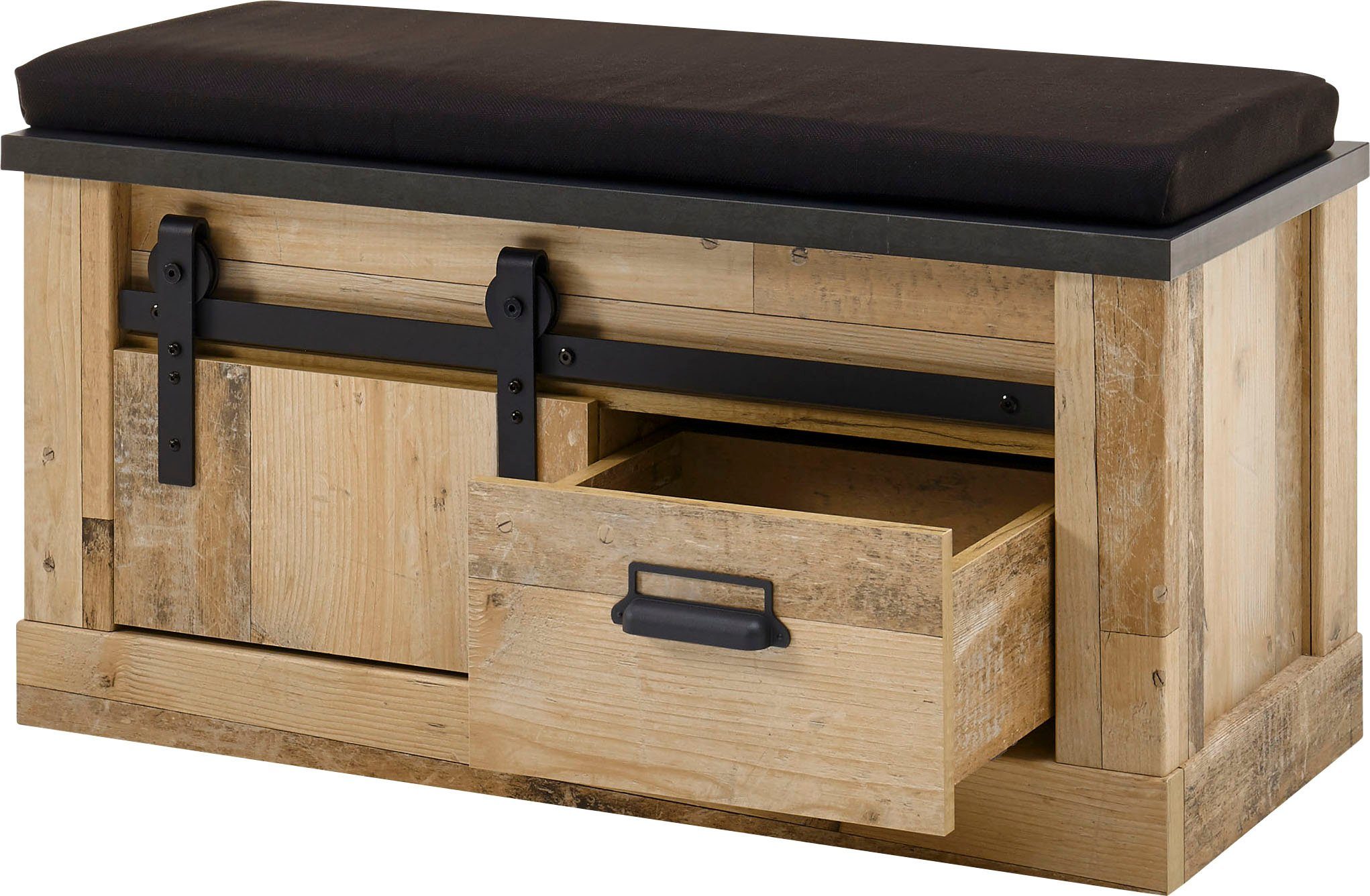 Home affaire Zitbank Sherwood moderne houtdecor, met schuurdeurbeslag van metaal, breedte 93 cm halbankjes bruin