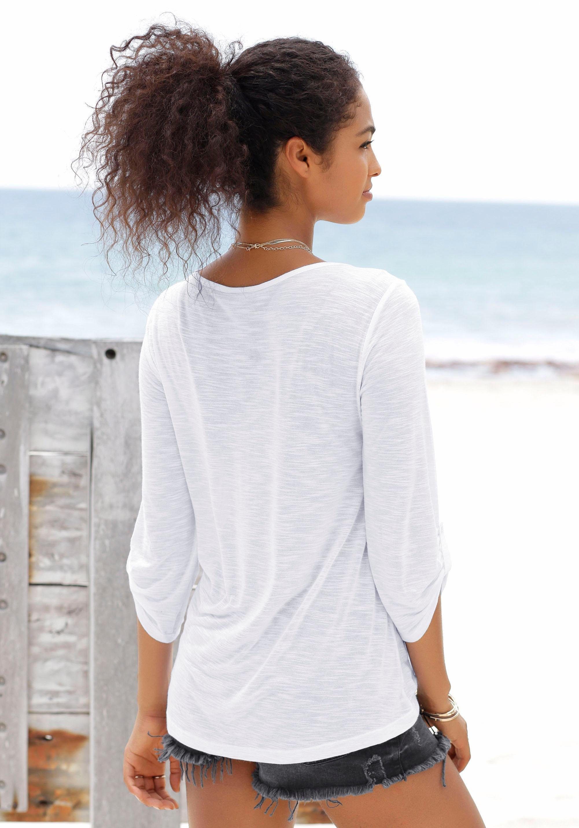 Buffalo Strandshirt met borduursel en kwastjes, tuniek, 3/4 mouw, blouseshirt