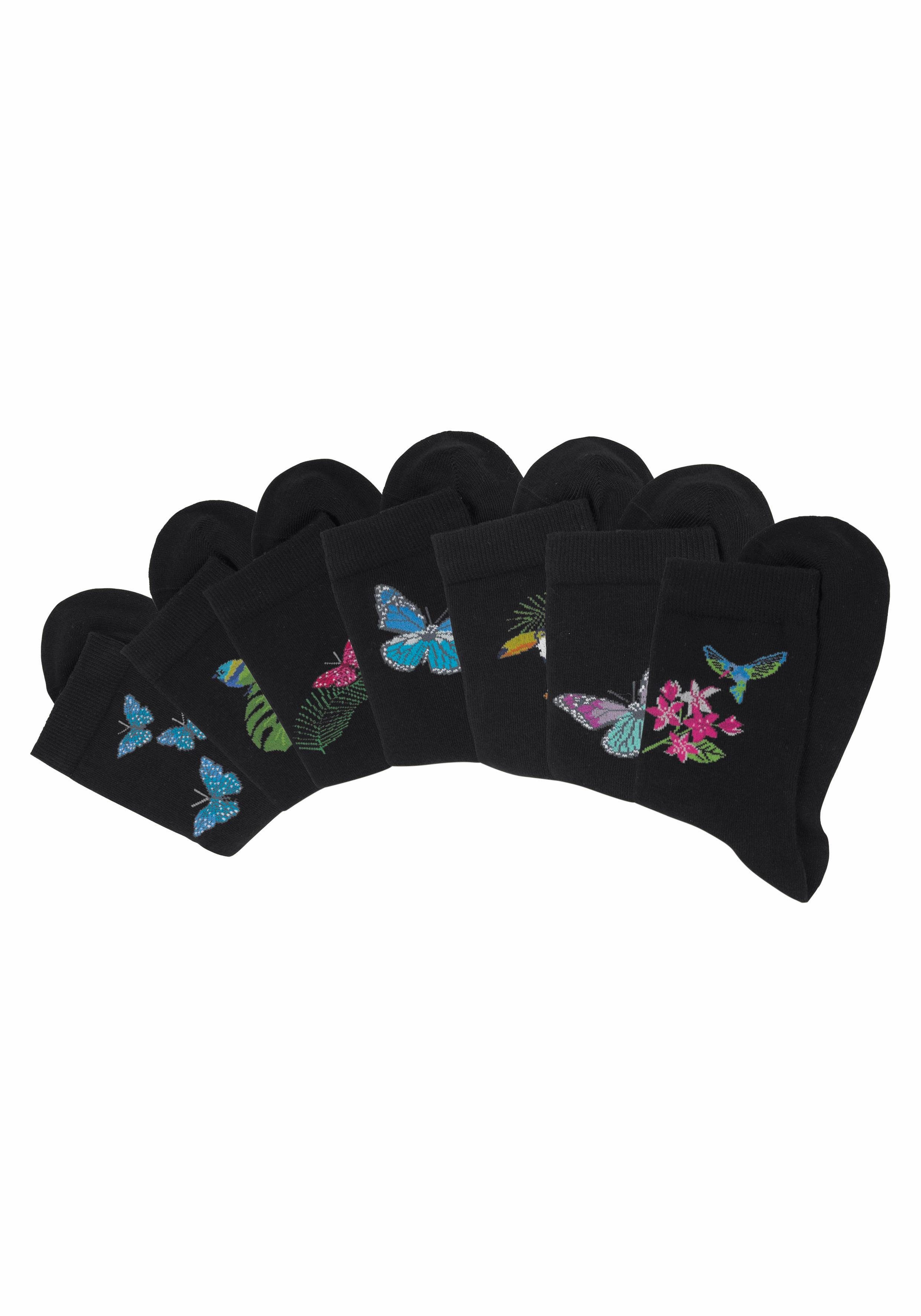 H.I.S Sokken met vlinder- en vogelmotieven (set, 7 paar)