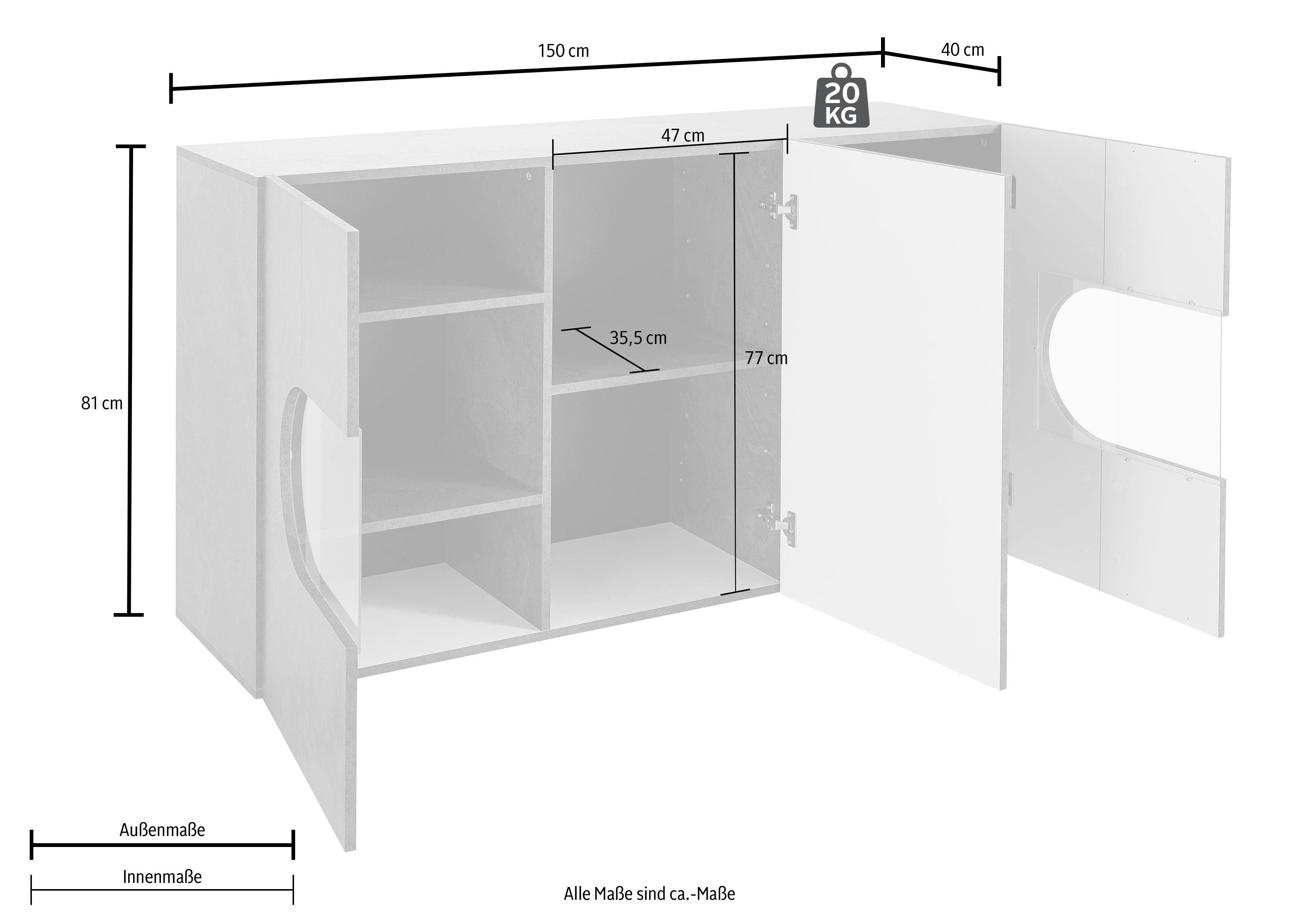 INOSIGN Dressoir Real, vitrinekast, commode, kast, volledig hoogglans gelakt met 3 deuren waarvan 2 glazen deuren zonder handgreep, breedte 150