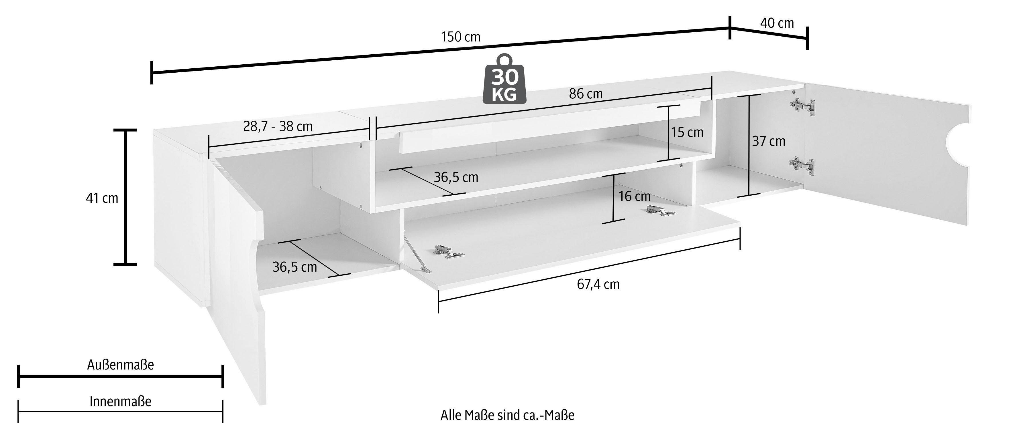 INOSIGN Tv-meubel Real, lowboard, TV-meubel, TV-meubels, breedte 150 compleet hoogglans gelakt