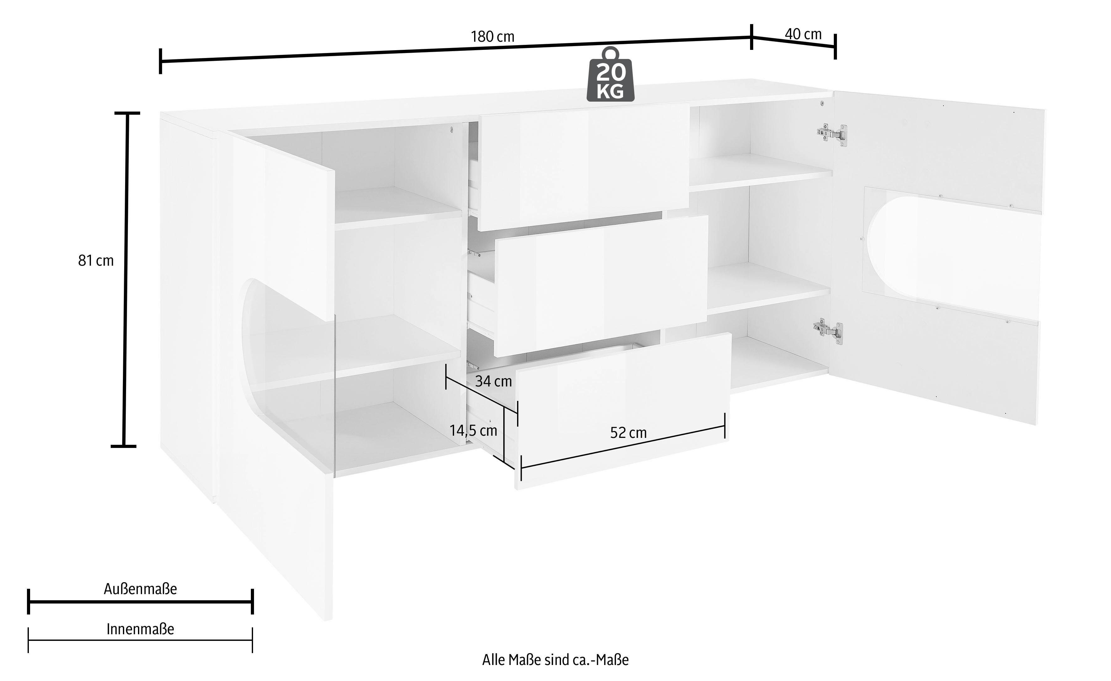 INOSIGN Dressoir Real, vitrinekast, commode, kast, volledig hoogglans gelakt met 2 glazen deuren en 3 lades zonder handgreep, breedte 180