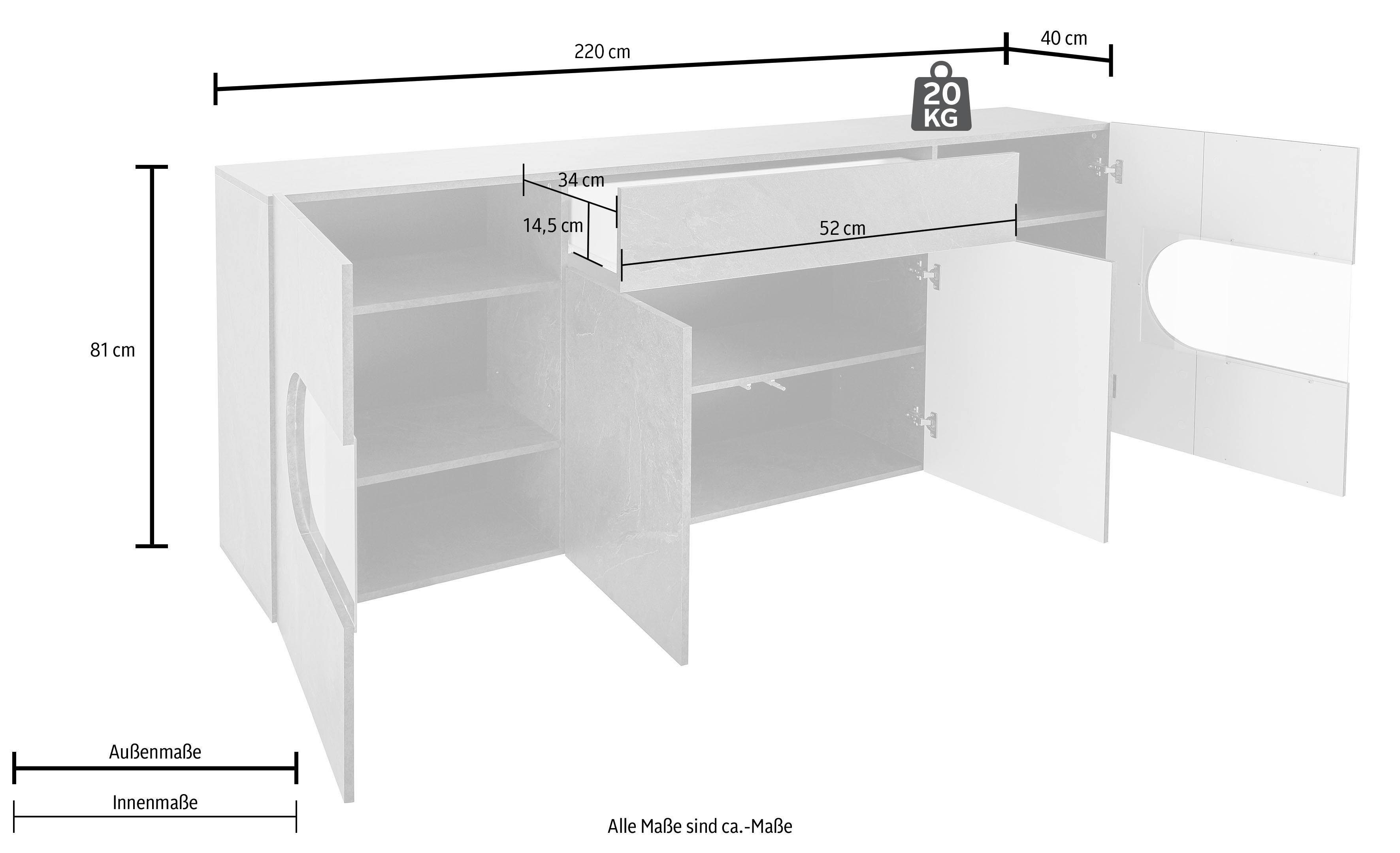 INOSIGN Dressoir Real, vitrinekast, commode, kast, volledig hoogglans gelakt met 4 deuren waarvan 2 glazen deuren en 1 lade zonder handgreep, breedte 220 cm