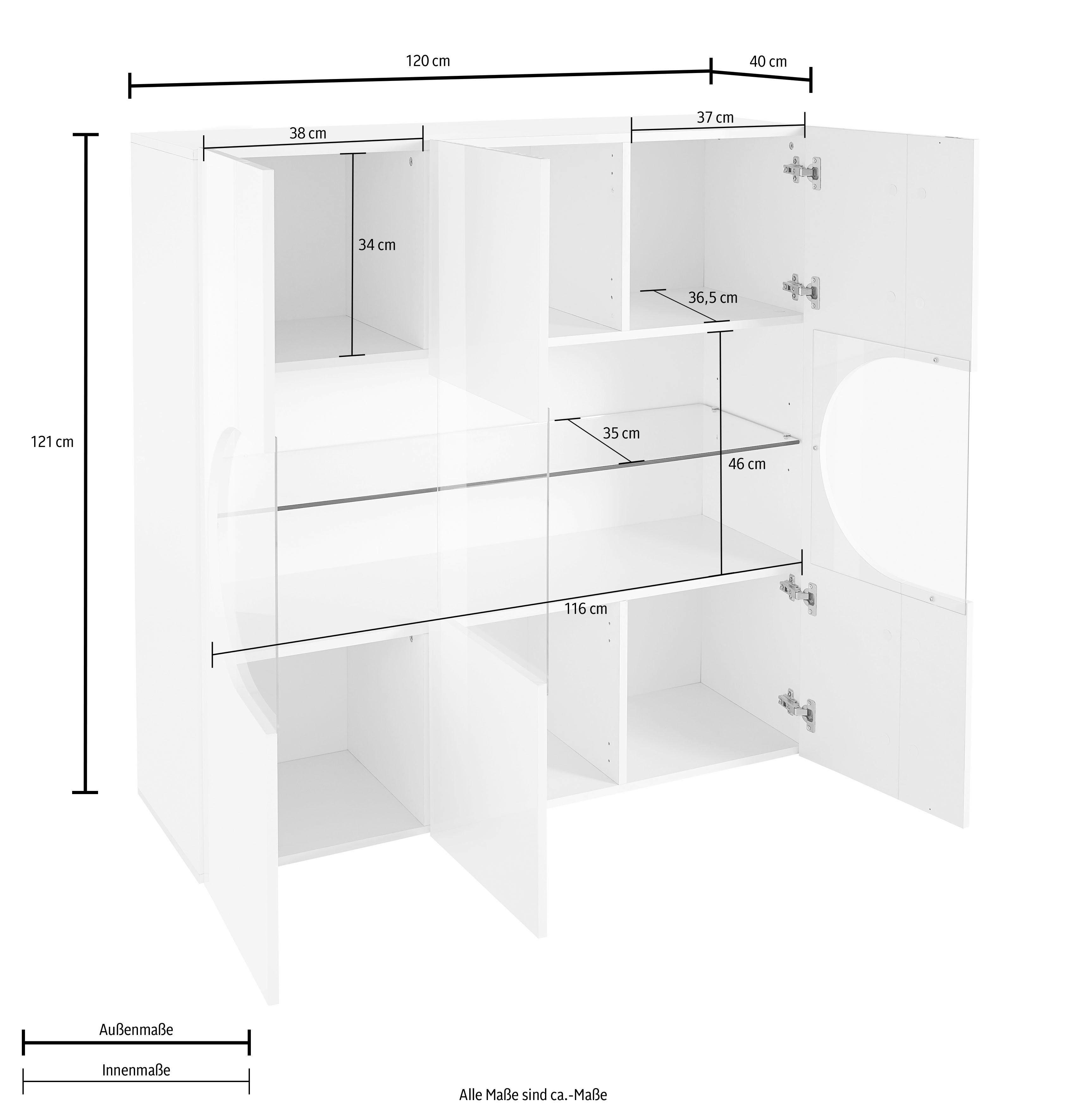 INOSIGN Highboard Real, highboard, commode, kast met 3 deuren, volledig hoogglans gelakt met 3 deuren, waarvan 2 van glas, met een grote glazen plank, hoogte 121