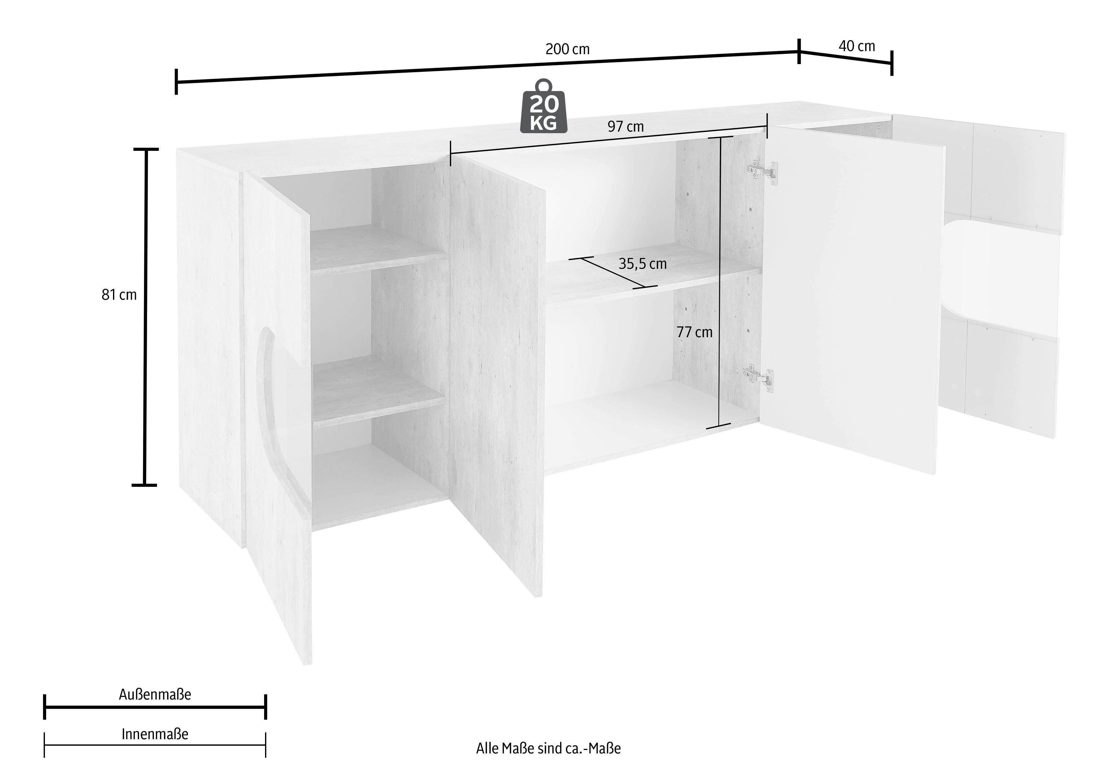 INOSIGN Dressoir Real, vitrinekast, commode, kast, volledig hoogglans gelakt met 4 deuren waarvan 2 glazen deuren, zonder handgreep, breedte 200