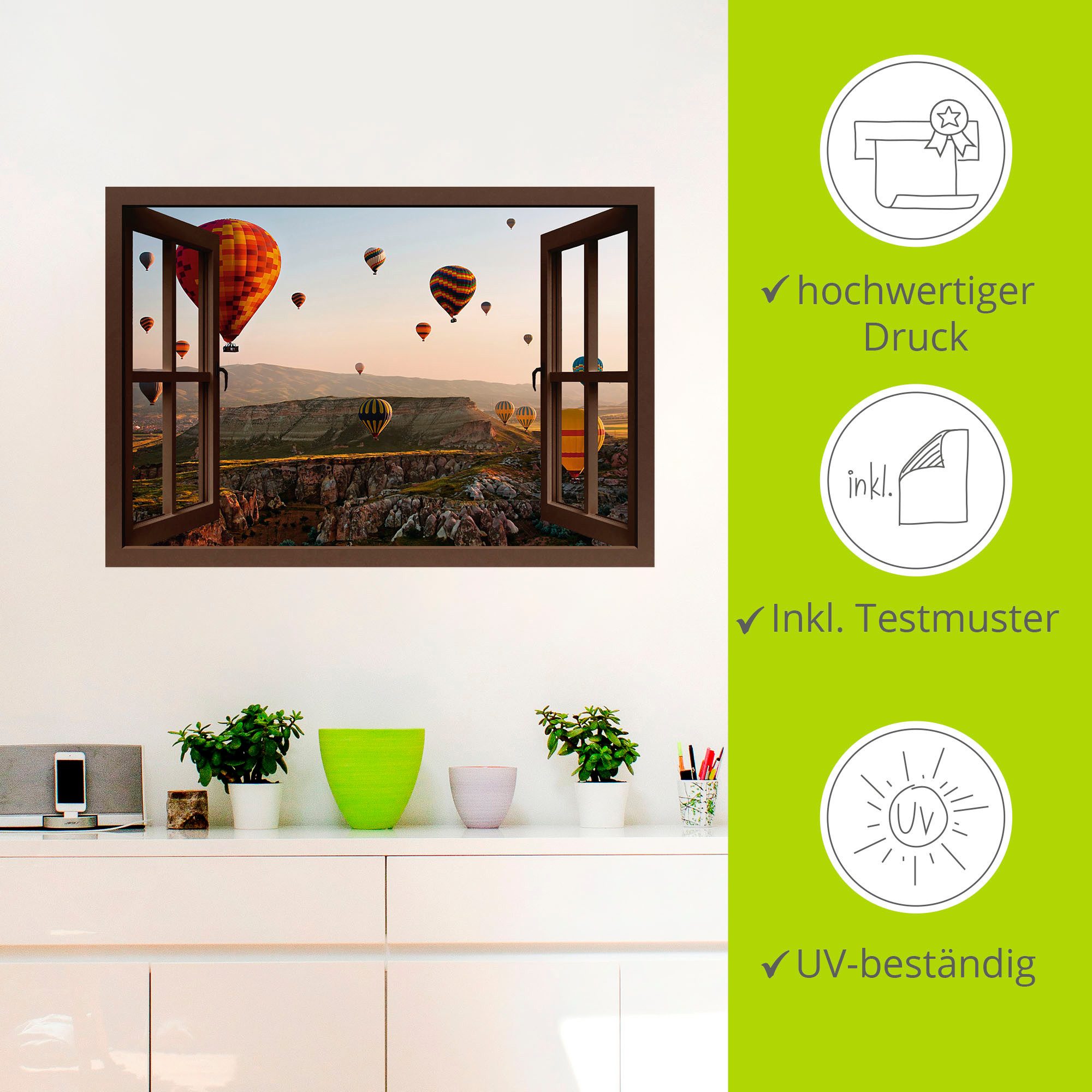 Artland Artprint Blik uit het venster Cappadocië ballonvaart als artprint op linnen, poster, muursticker in verschillende maten