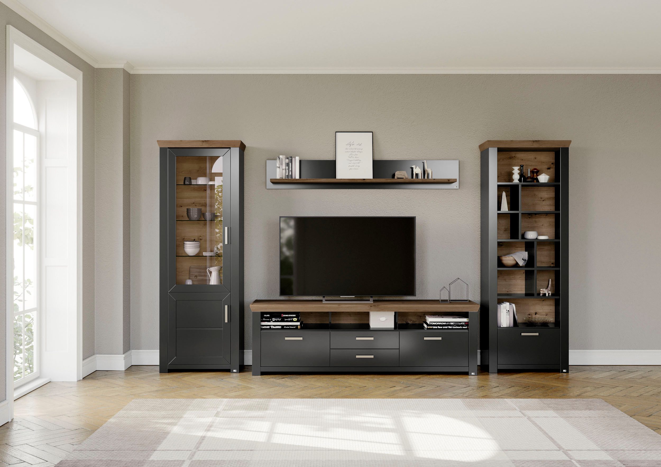 set one by Musterring Wandmeubel York Combinatie 03, in 3 kleurvarianten, totale breedte 370 cm (4-delig) tv-wandmeubels grijs