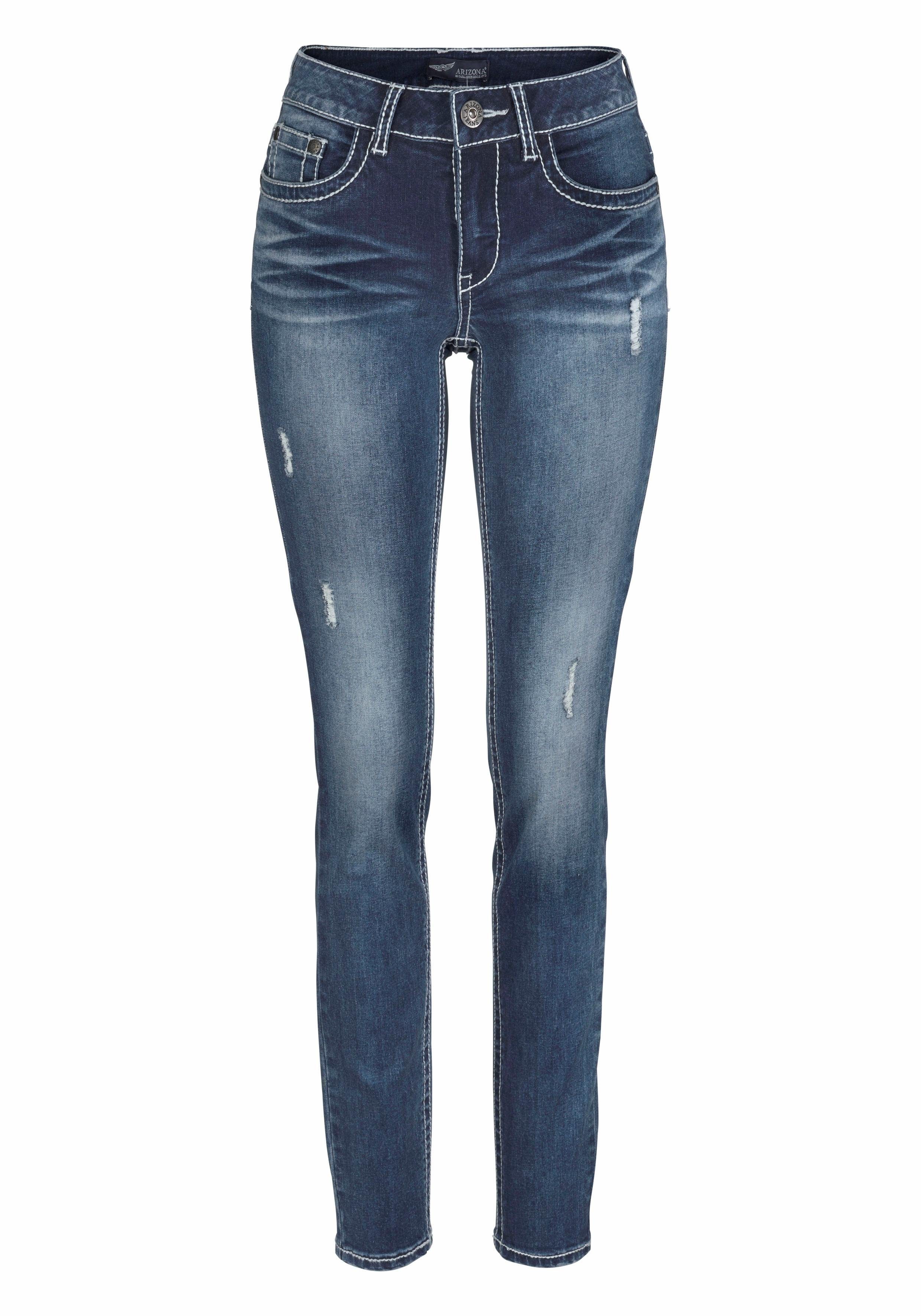 Arizona Skinny fit jeans Met contrastnaden en klepzakken lange broekpasvorm, met destroyed-effecten, lage taille