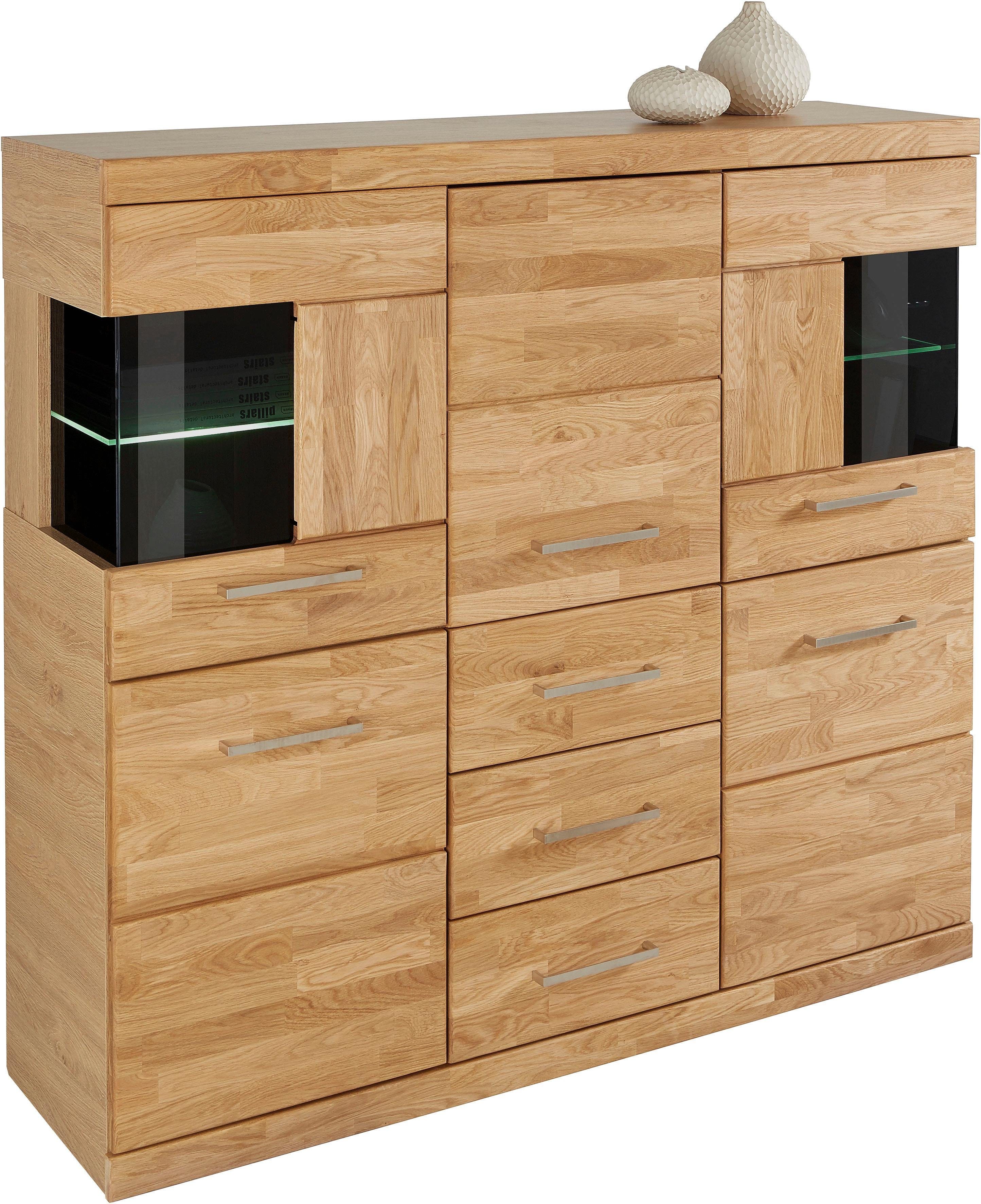 Home affaire Highboard Ribe, 125cm breed, 115cm hoog, fronten massief hout, 5 deuren, 3 lades Hout massief, houtmateriaal, metalen handgrepen, 10 vakken, planken verstelbaar