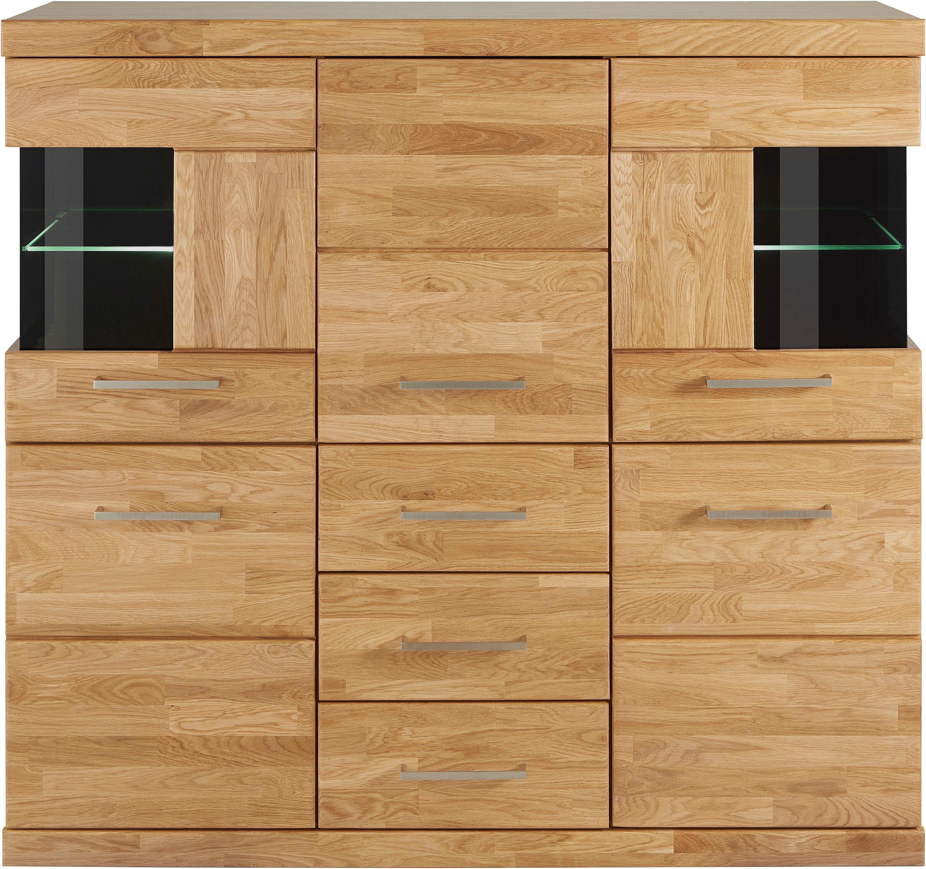 Home affaire Highboard Ribe, 125cm breed, 115cm hoog, fronten massief hout, 5 deuren, 3 lades Hout massief, houtmateriaal, metalen handgrepen, 10 vakken, planken verstelbaar