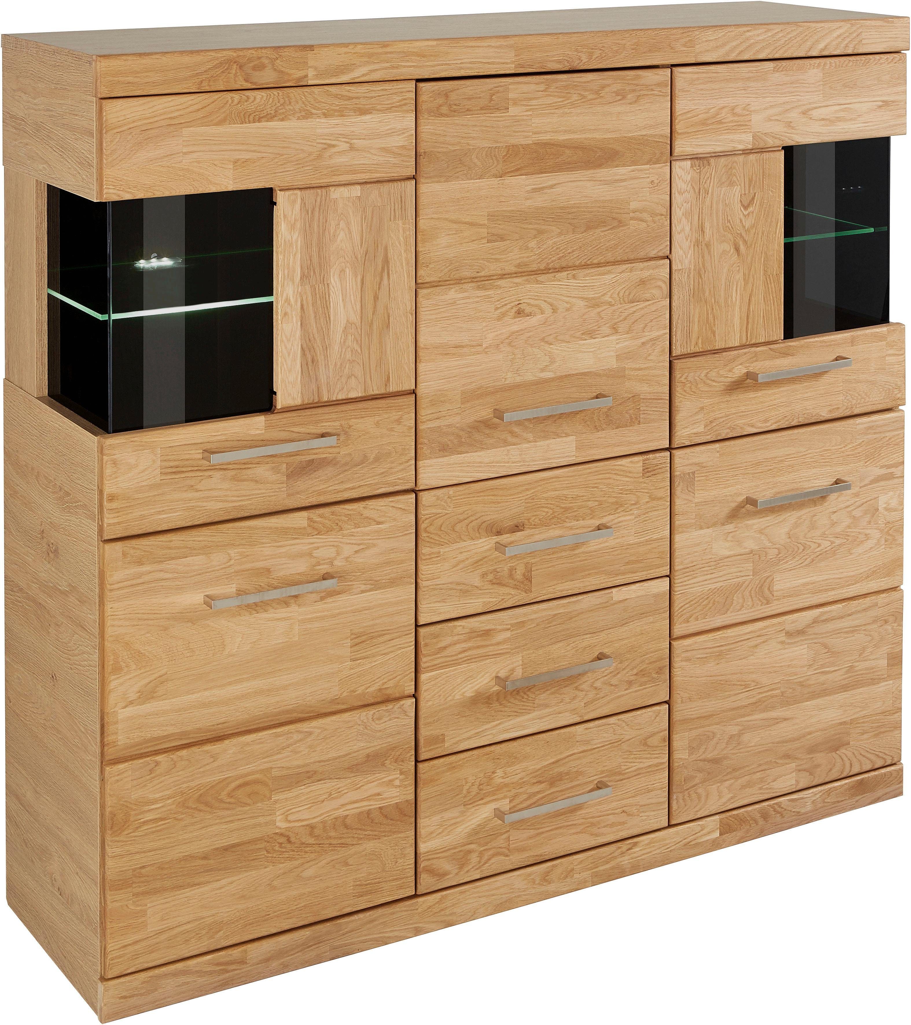 Home affaire Highboard Ribe, 125cm breed, 115cm hoog, fronten massief hout, 5 deuren, 3 lades Hout massief, houtmateriaal, metalen handgrepen, 10 vakken, planken verstelbaar