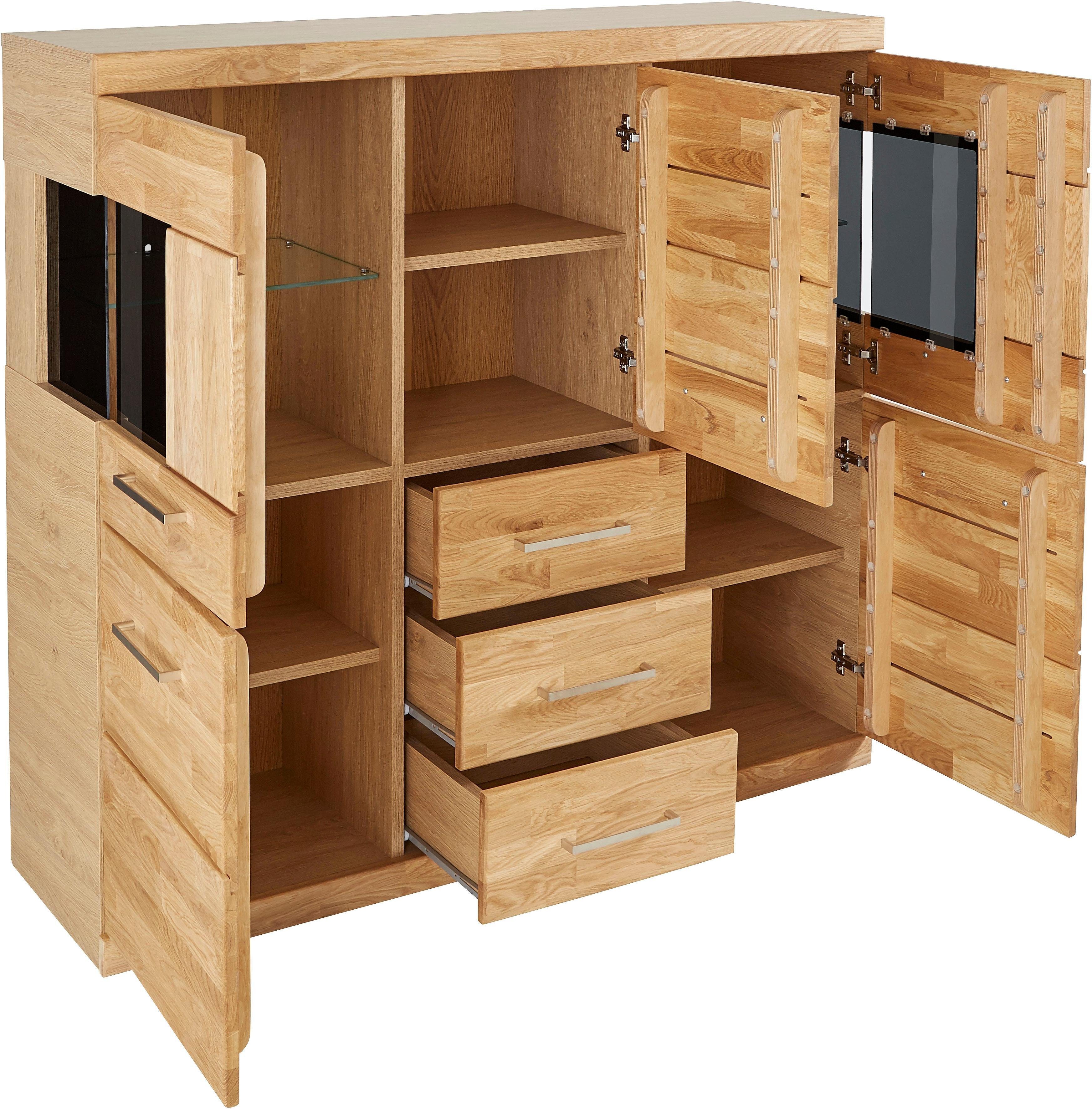 Home affaire Highboard Ribe, 125cm breed, 115cm hoog, fronten massief hout, 5 deuren, 3 lades Hout massief, houtmateriaal, metalen handgrepen, 10 vakken, planken verstelbaar