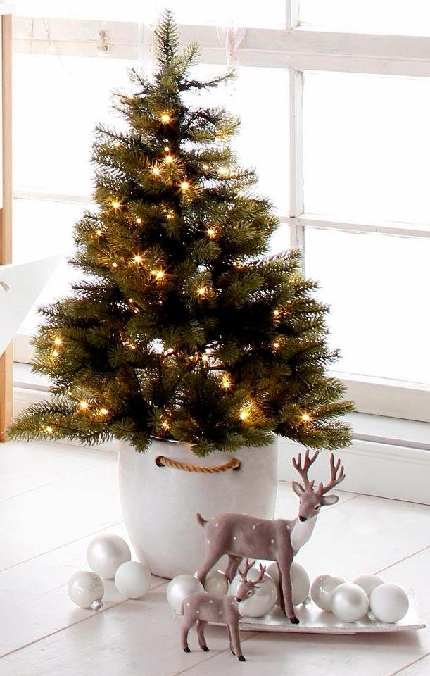 Creativ deco Kunstkerstboom Kerstversiering, kunstmatige kerstboom, dennenboom met zwarte kunststof pot en led-lichtsnoer, werkt op batterijen