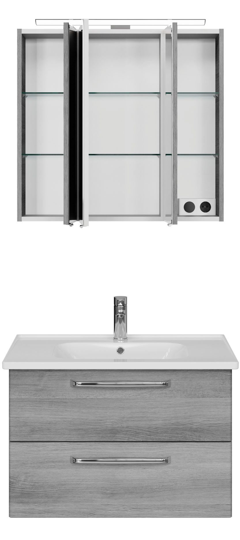 Saphir Badmeubelset Trentino 2-delig keramische wasbak, spiegelkast met LED-lamp Badkamermeubel-set 79cm breed, incl. deurdemper, 3 deuren, 2 lades (3 stuks)