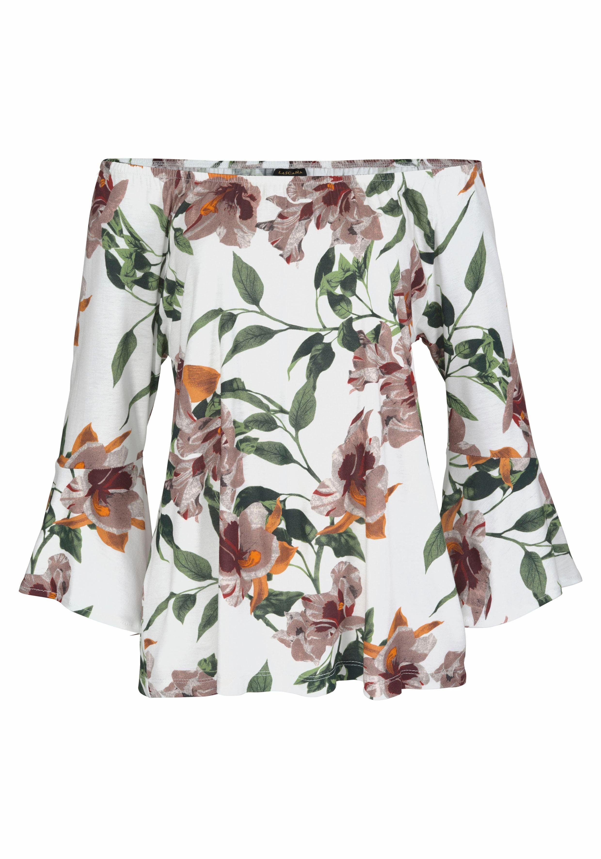 Lascana Strandshirt met bloemenprint en carmen halslijn, blouseshirt, trompetmouwen