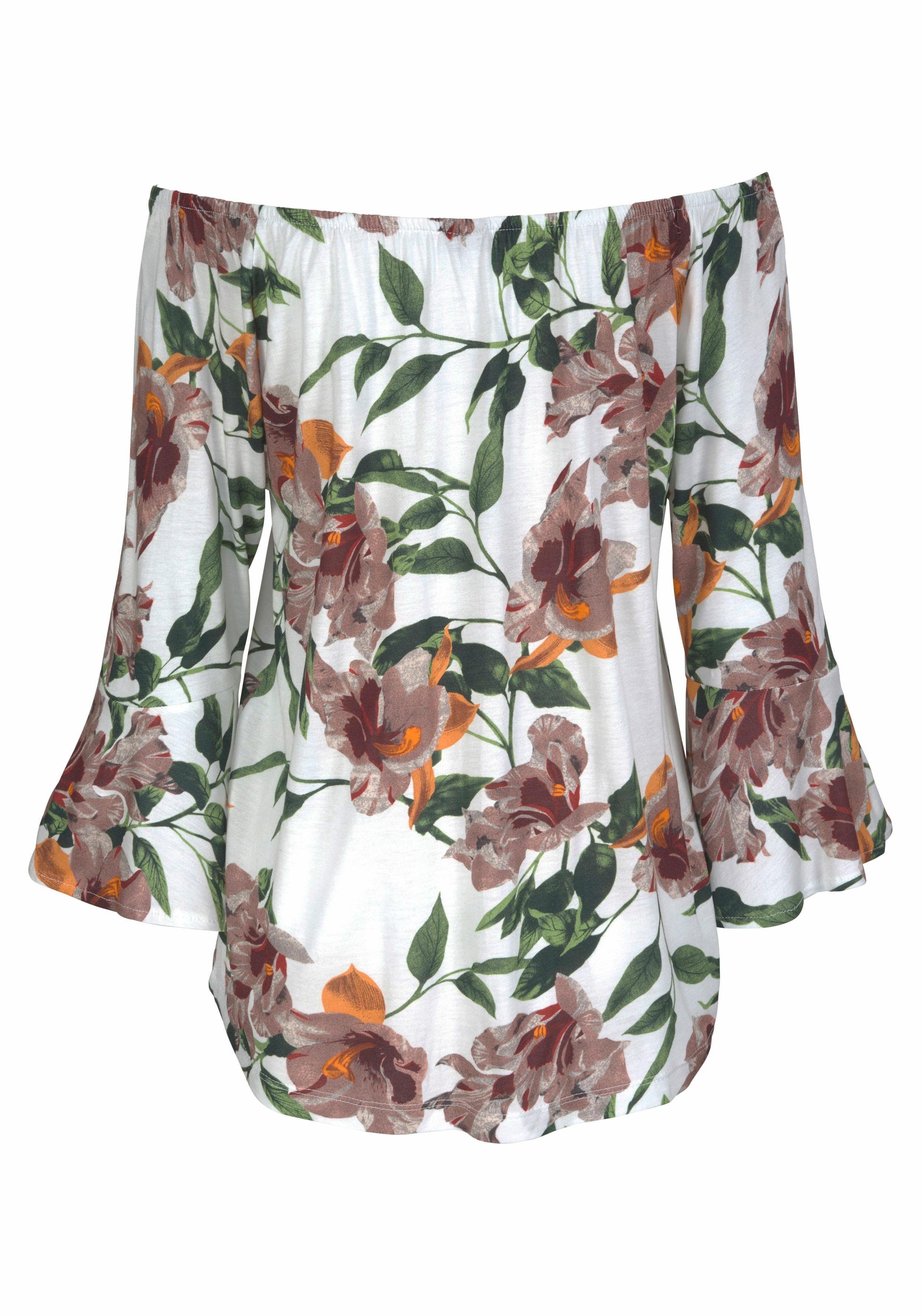 Lascana Strandshirt met bloemenprint en carmen halslijn, blouseshirt, trompetmouwen