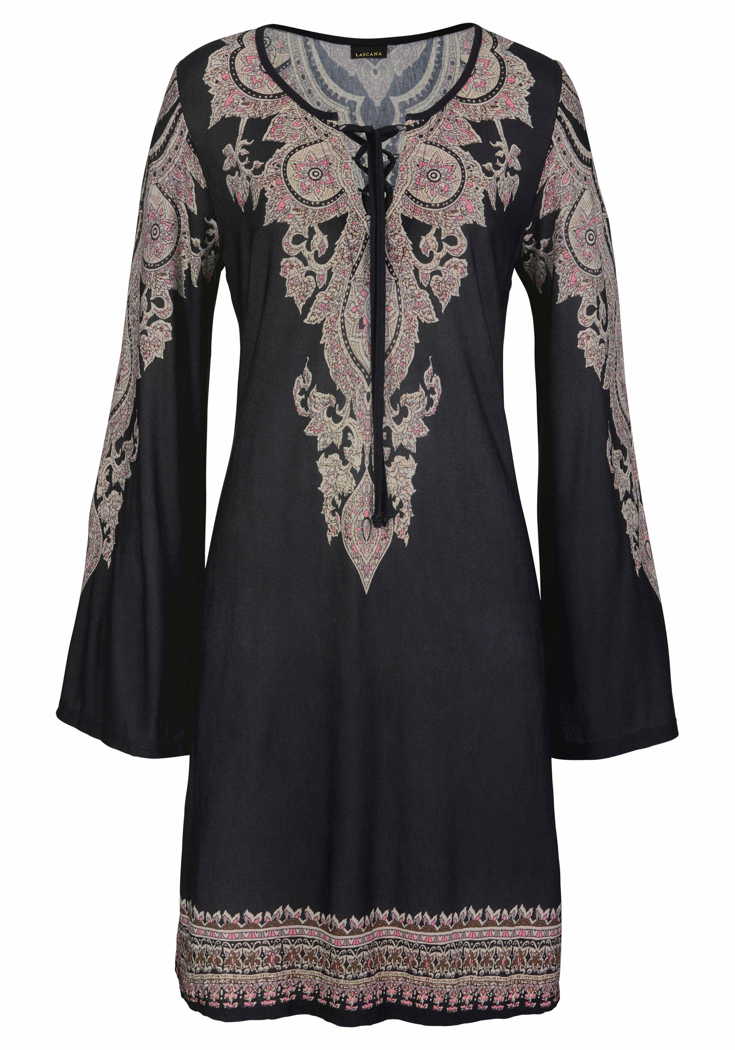 Lascana Jerseyjurk met print op de boorden en bandjes bij de halslijn, zomerjurk