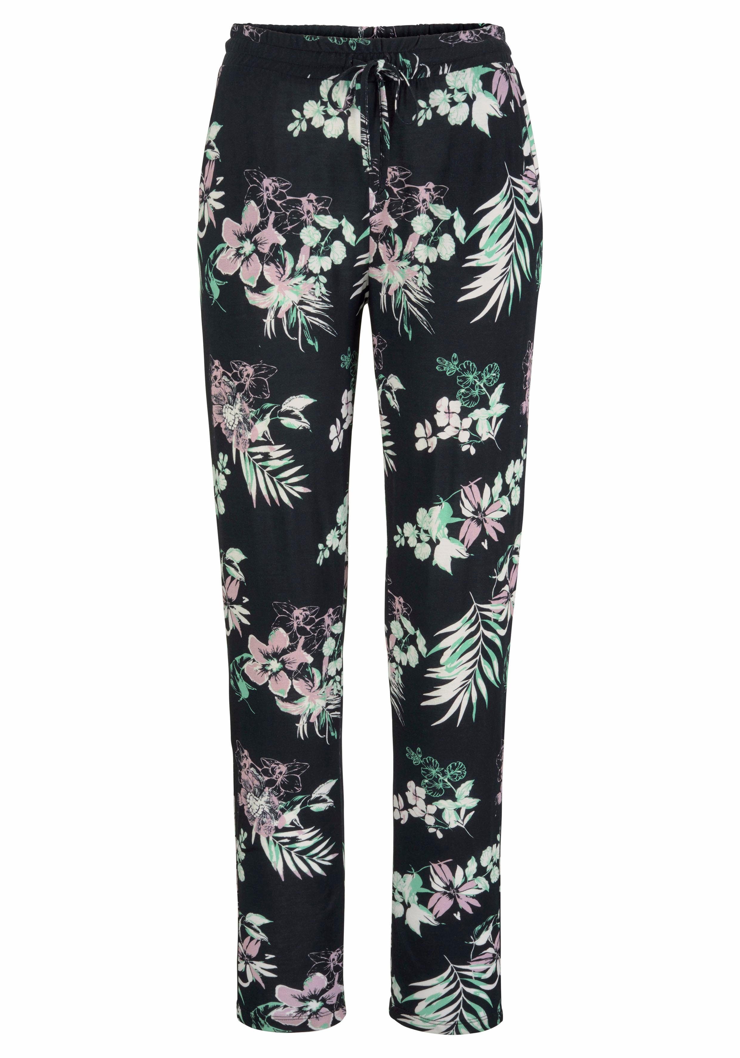 Lascana Strandbroek met tropische print en zakken, jersey broek, zomerbroek