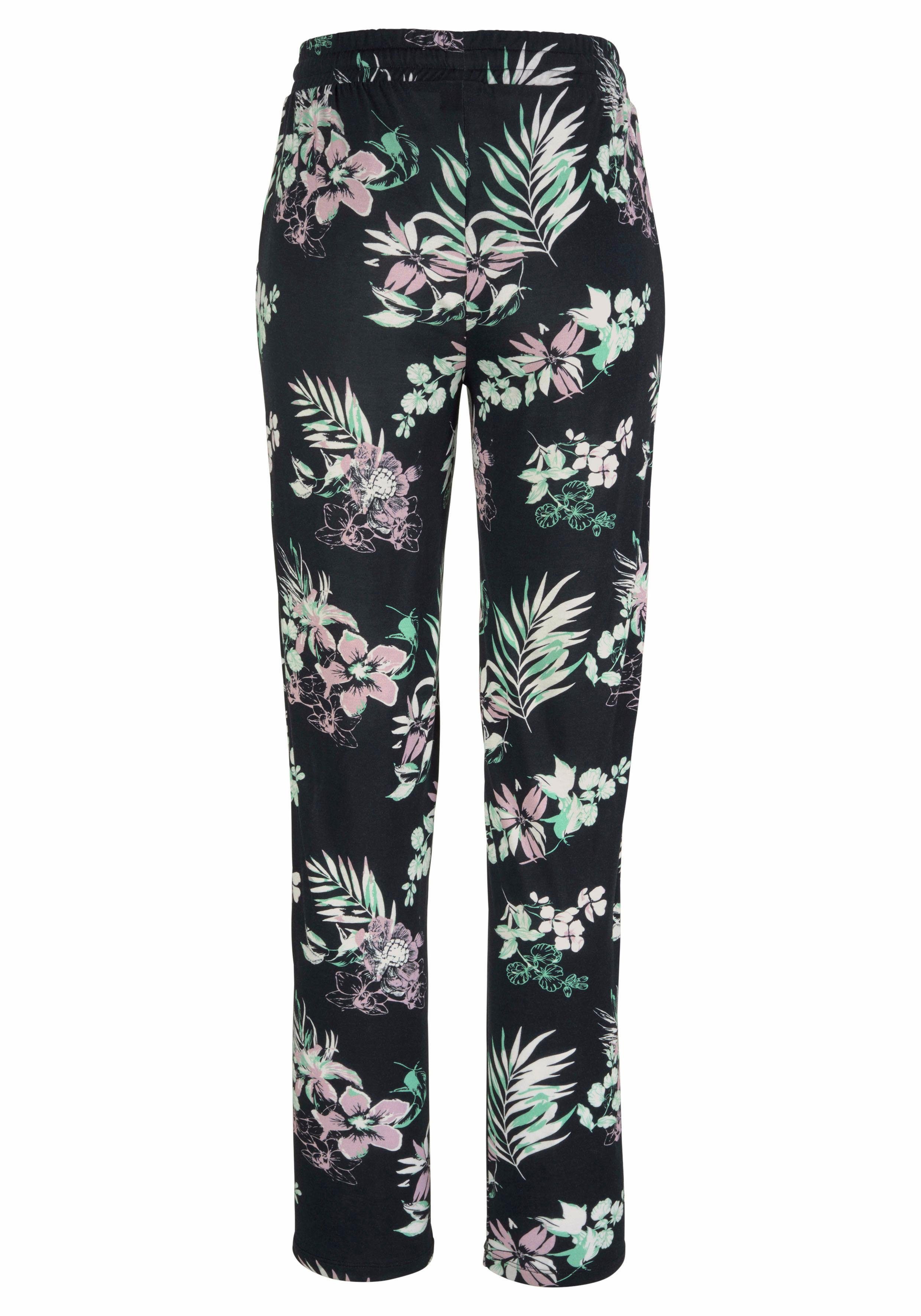 Lascana Strandbroek met tropische print en zakken, jersey broek, zomerbroek