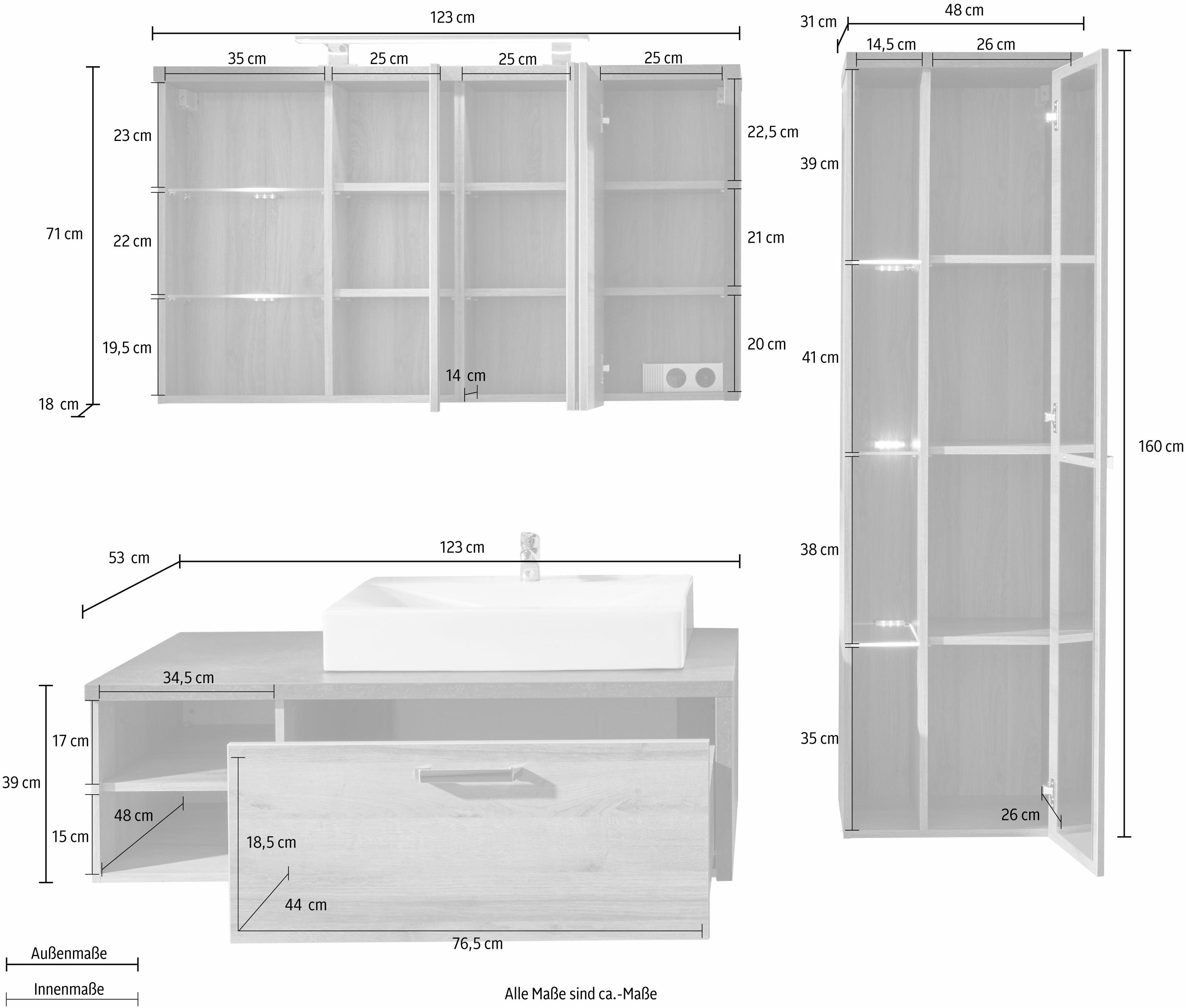 welltime Badkamerserie Bilbao Hangende badkamermeubels - Met 5 glazen legplanken en wastafel (set, 3-delig)