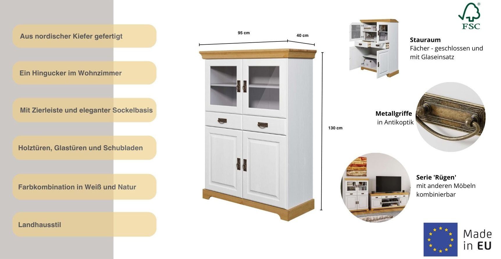 Home affaire Highboard Rügen Vitrine in landelijke stijl, gecertificeerd massief hout, hoogte 131 cm