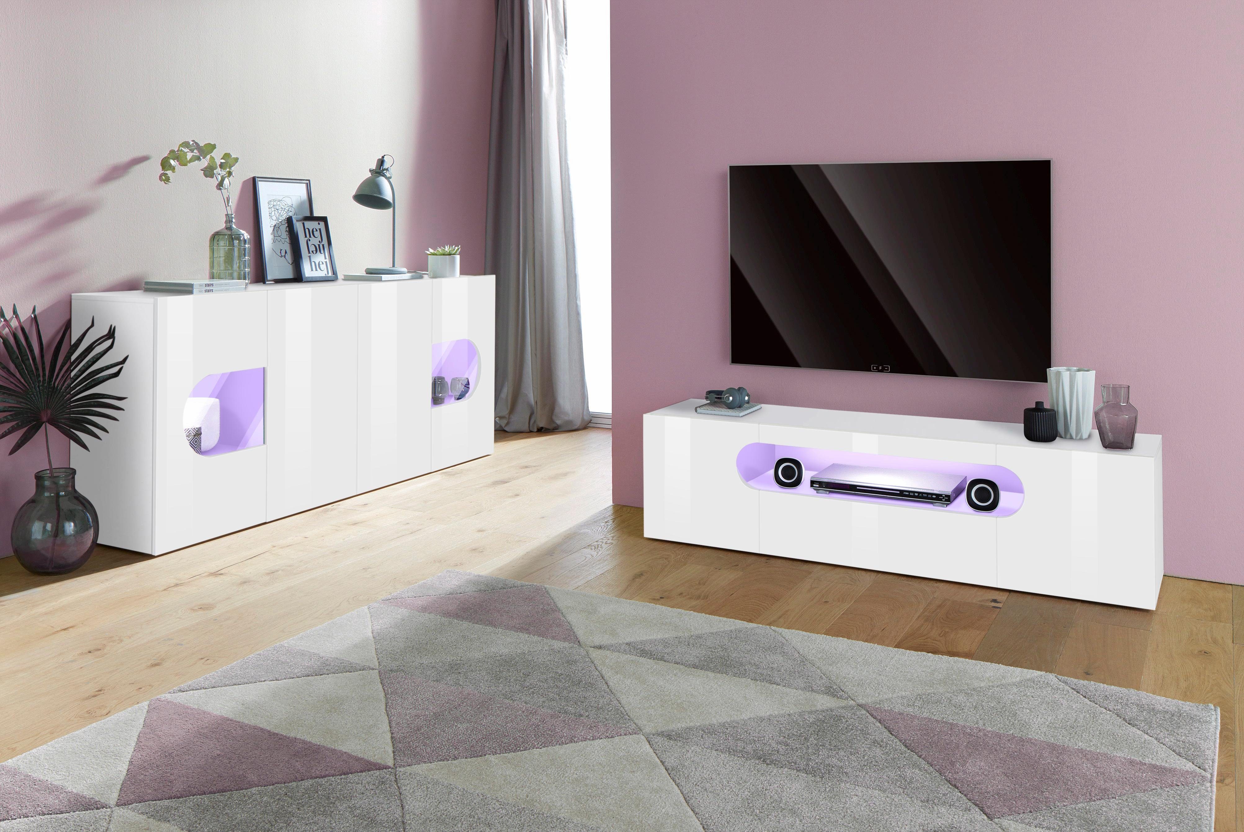 INOSIGN Dressoir Real, vitrinekast, commode, kast, volledig hoogglans gelakt met 4 deuren waarvan 2 glazen deuren, zonder handgreep, breedte 200
