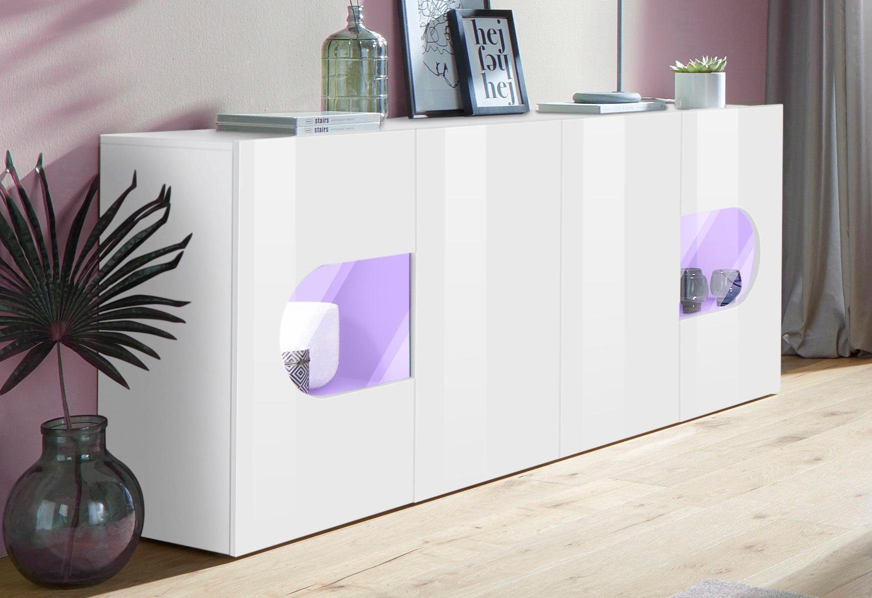 INOSIGN Dressoir Real, vitrinekast, commode, kast, volledig hoogglans gelakt met 4 deuren waarvan 2 glazen deuren, zonder handgreep, breedte 200
